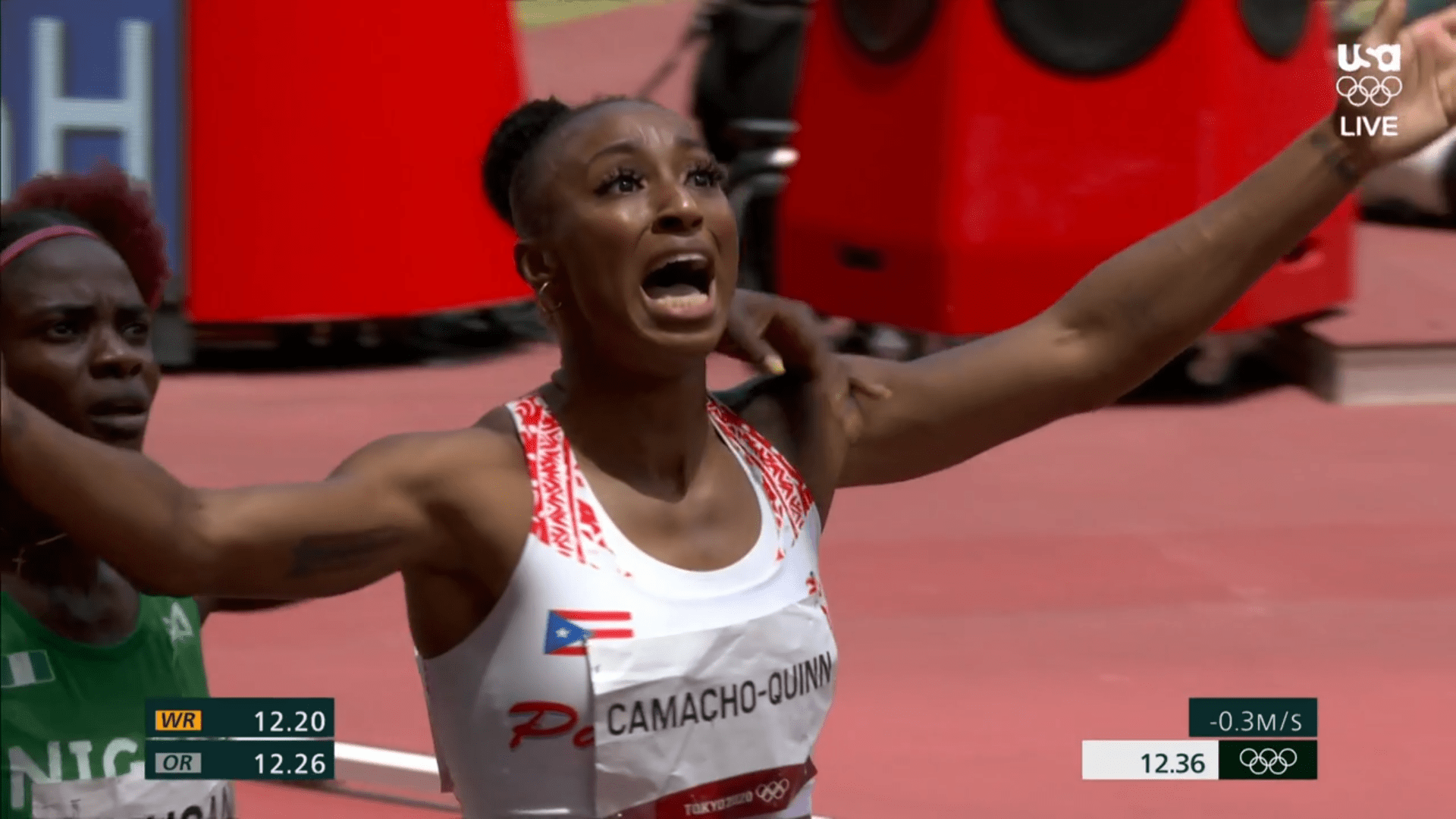 Jasmine CamachoQuinn of Puerto Rico wins gold in the women's 100m
