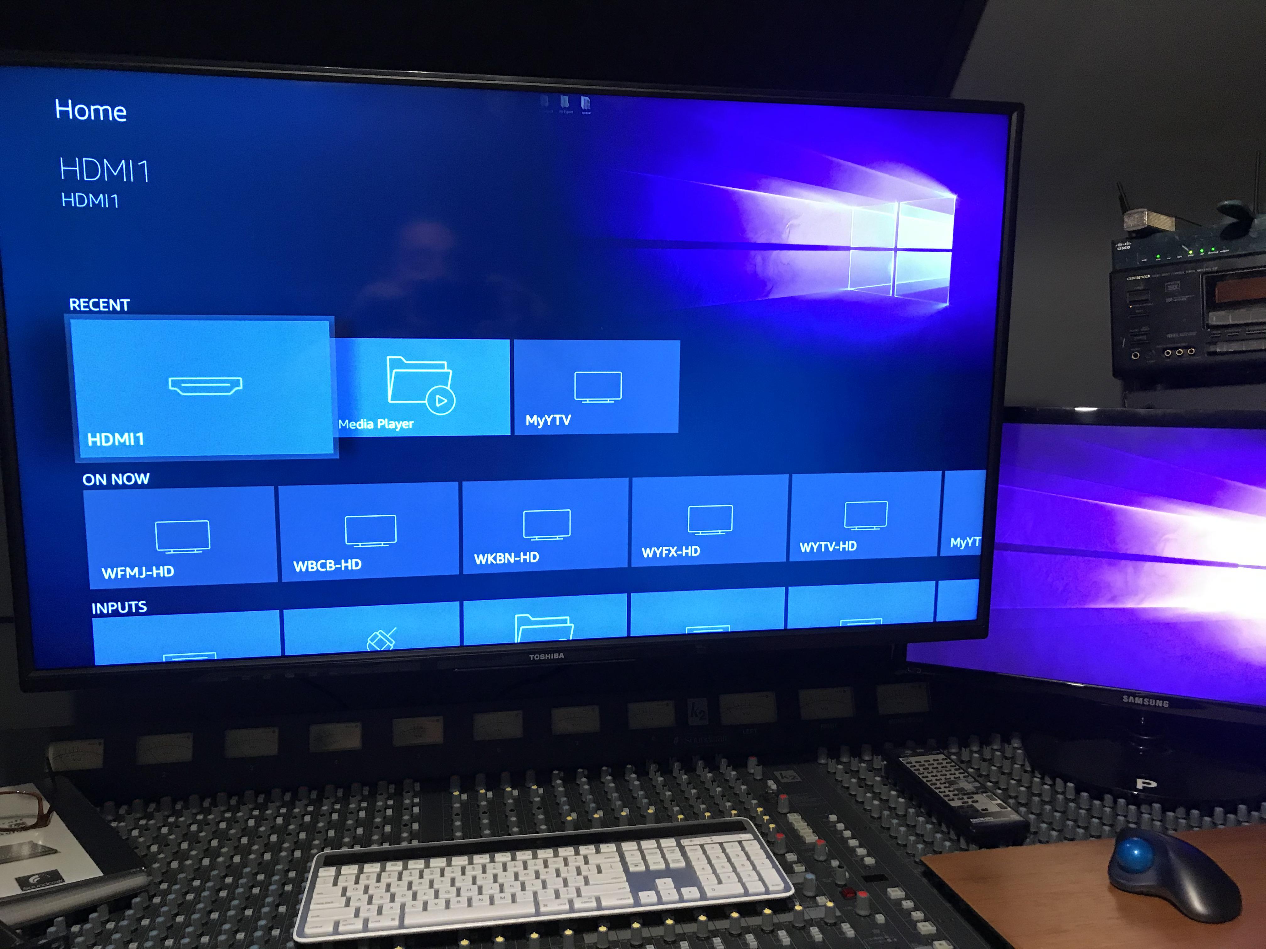 Amazon Fire TV by Toshiba. It’s set to go to the last input used. In