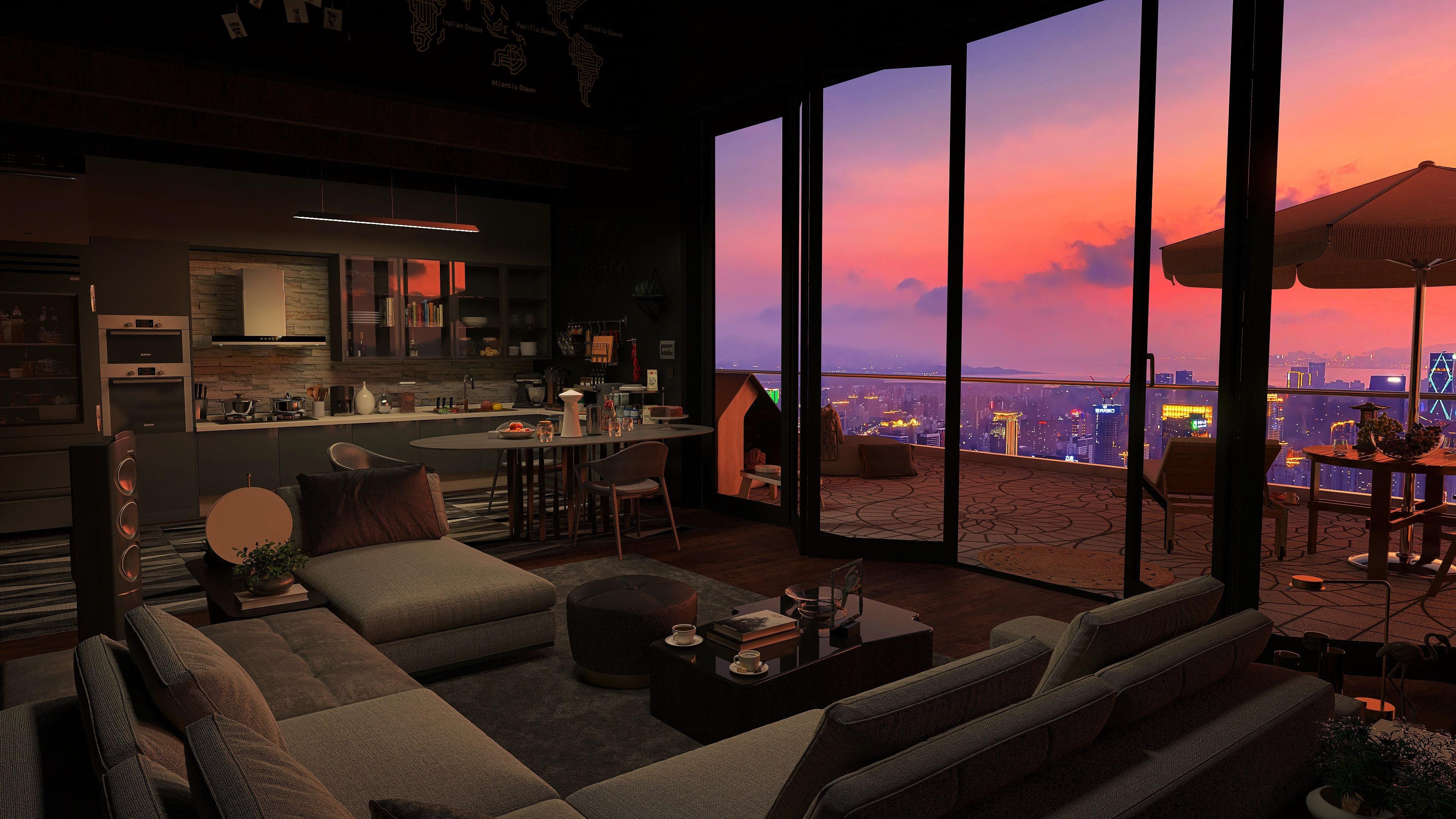Cozy Apartment with Imaginary Sunset View Rendered by me r