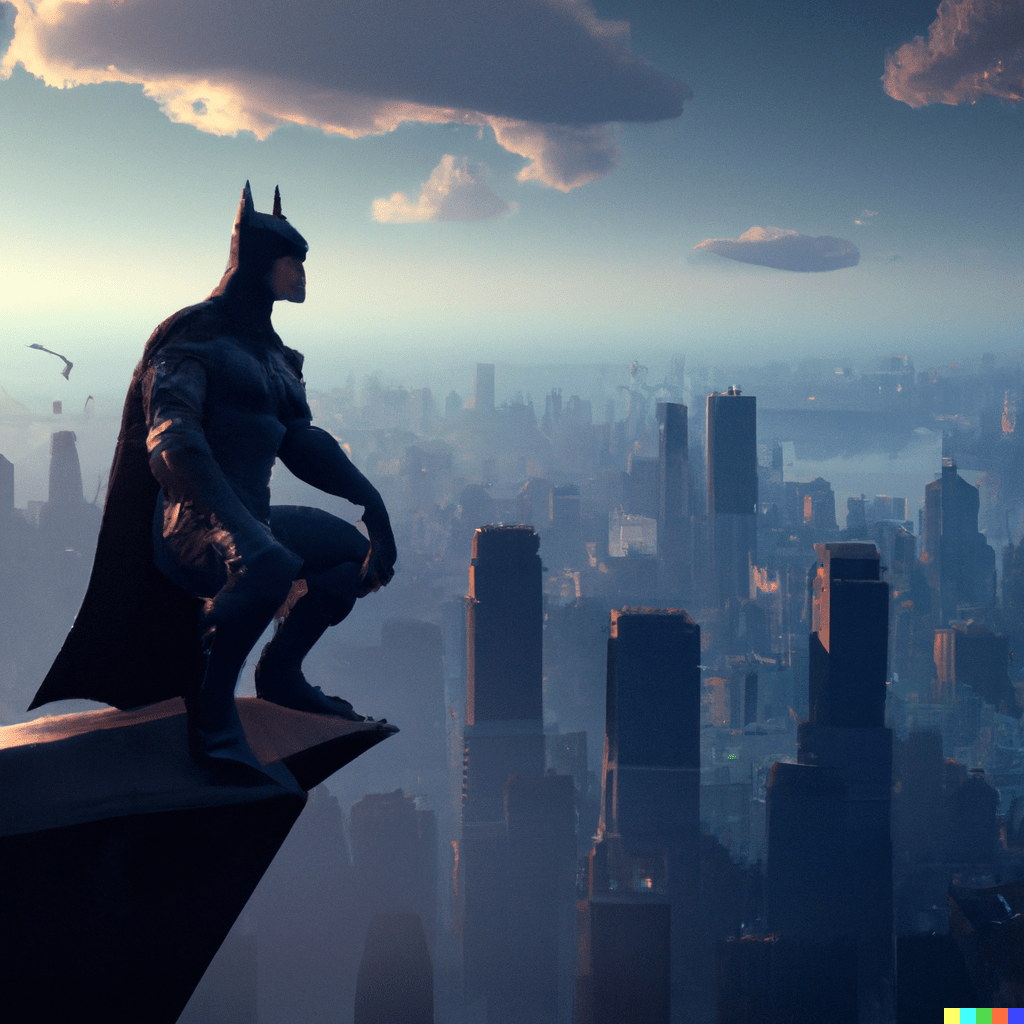 Batman surveying gotham city from the top of a skyscraper, digital art