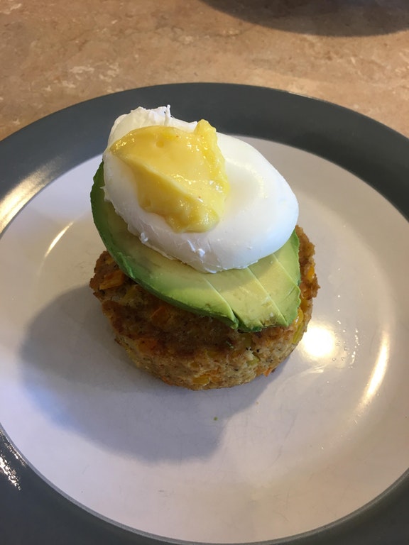 [OC] Sunday Breakfast of crab cakes, avocado, poached egg and