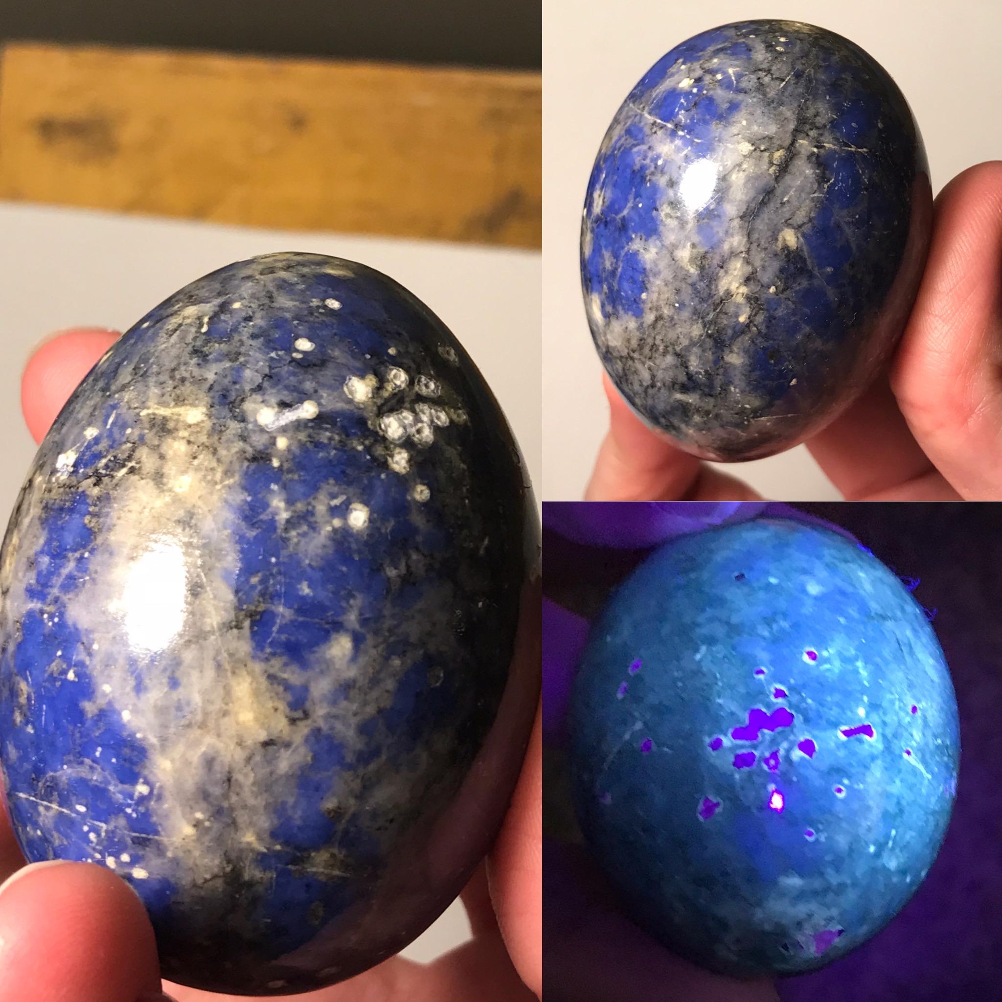 Blue egg that’s UV reactive. White spots that glow purple. r