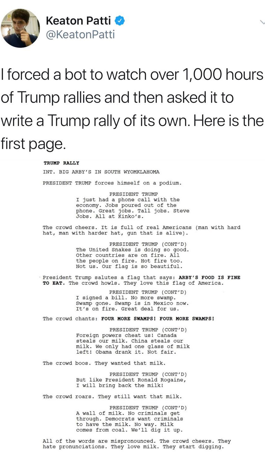 Forcing a bot to watch over 1,000 hours of Trump rallies