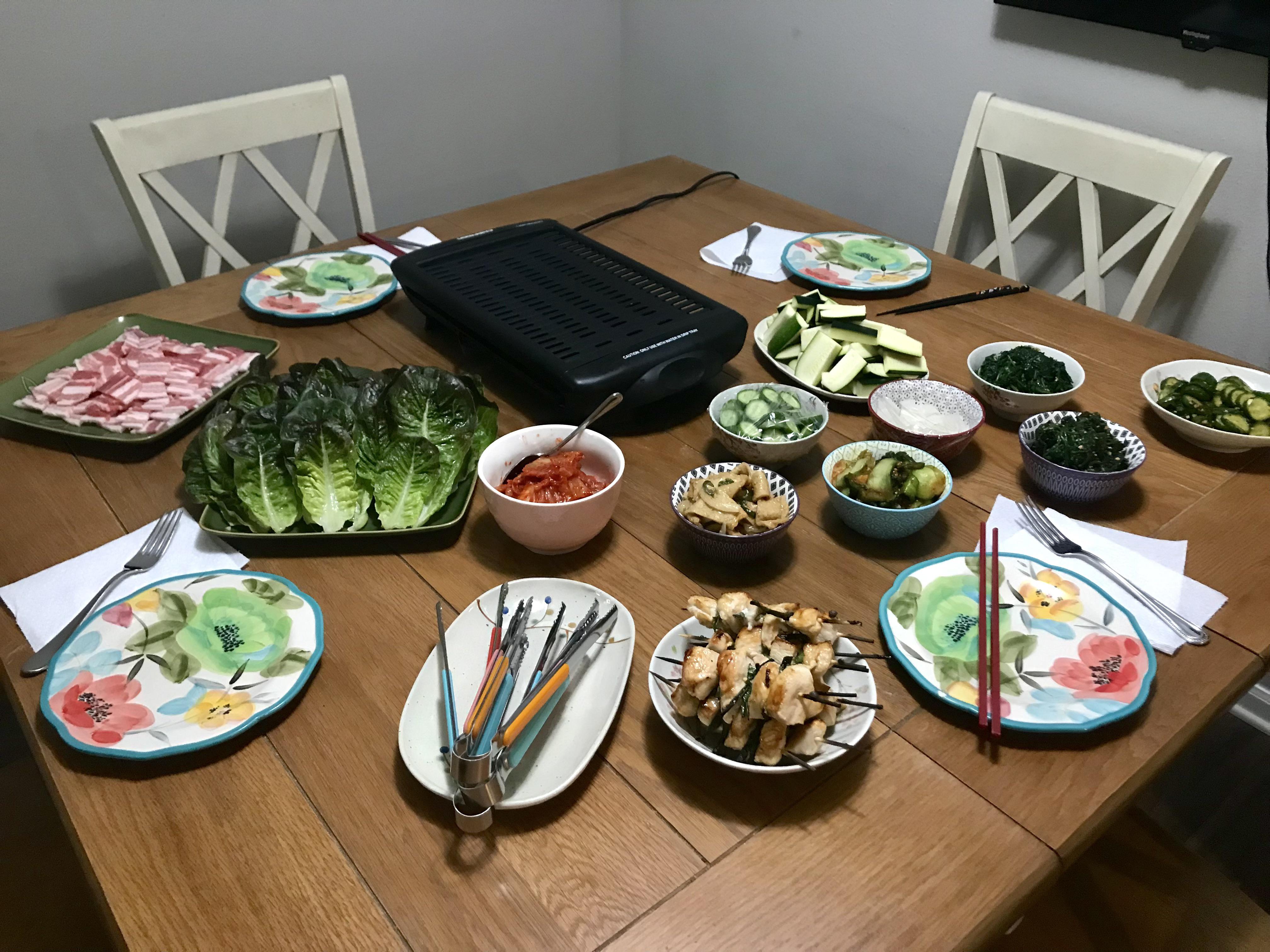 KBBQ at home with variety of banchan. r/KoreanFood