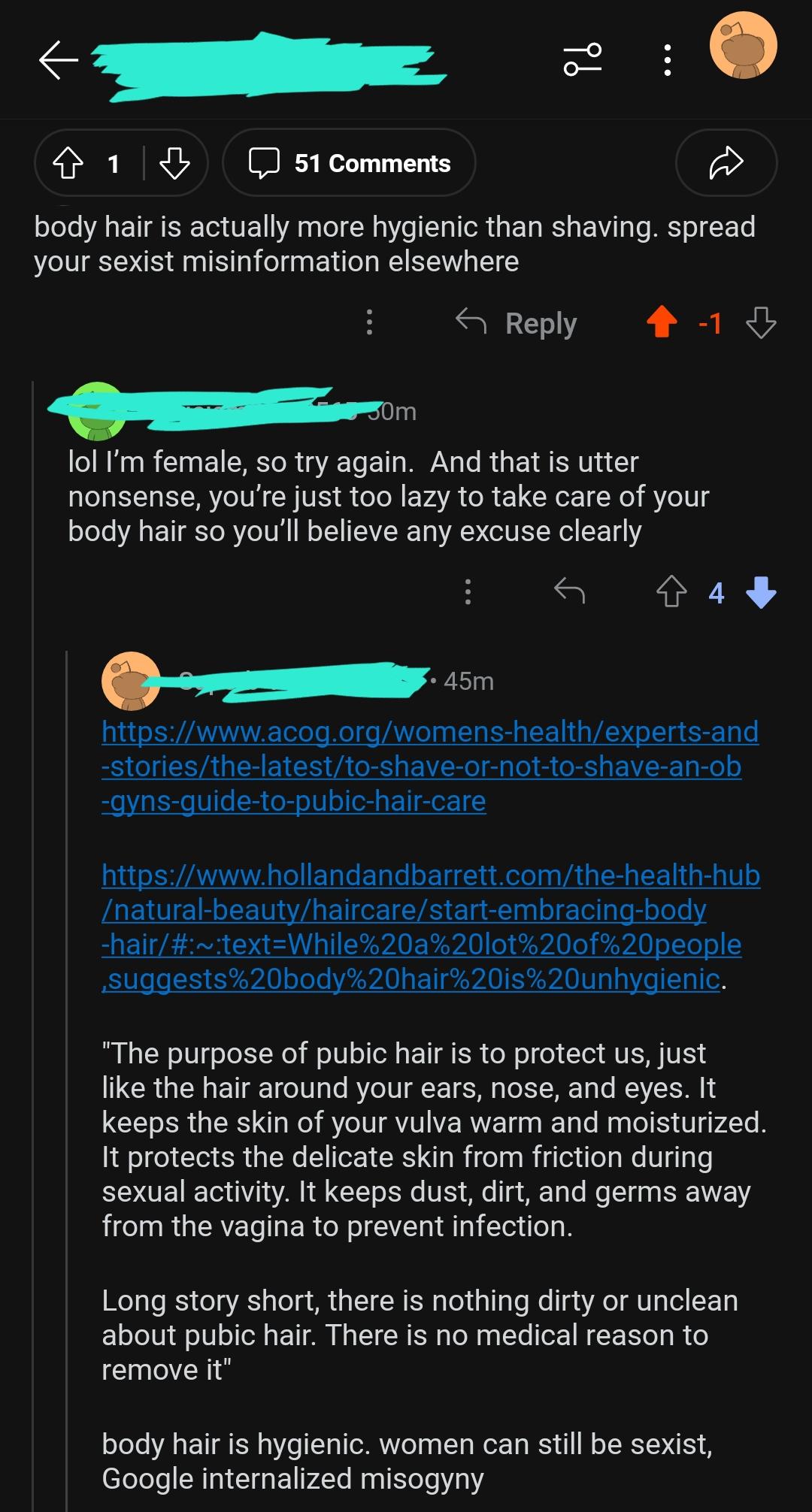 so pubic hair is perfectly hygienic and healthy, but armpit hair isn't