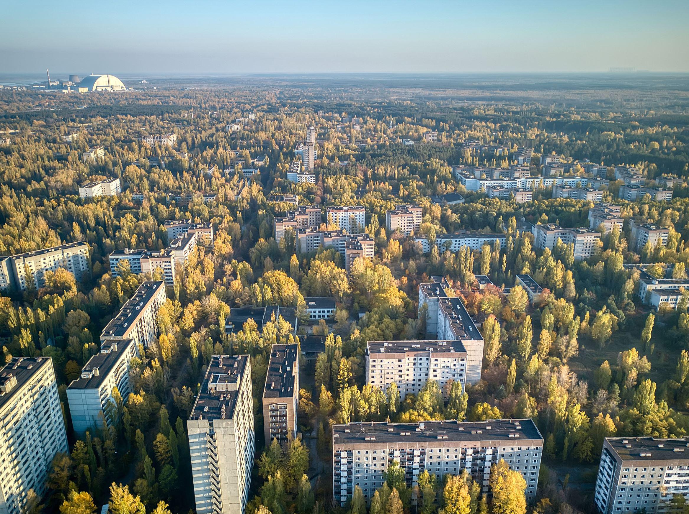 Aerial view of Pripyat, evacuated and abandoned after Chernobyl