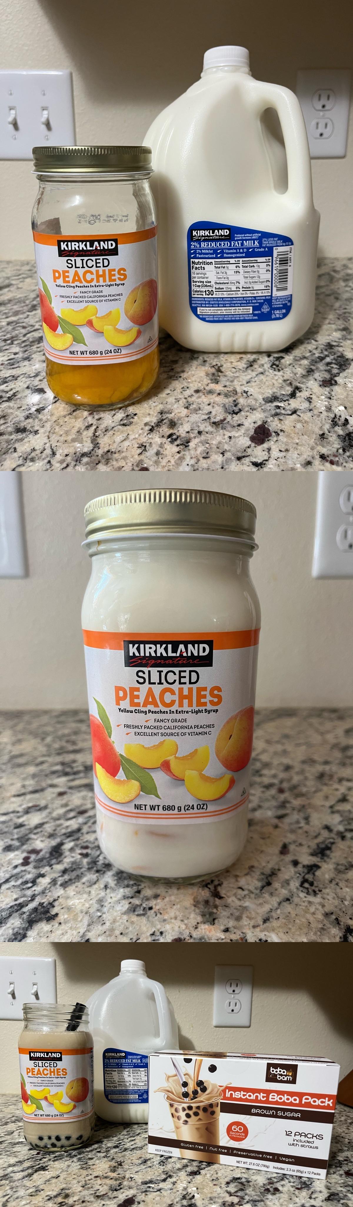 Thank Costco for everything!! (Sliced peach, instant boba pack, reduced