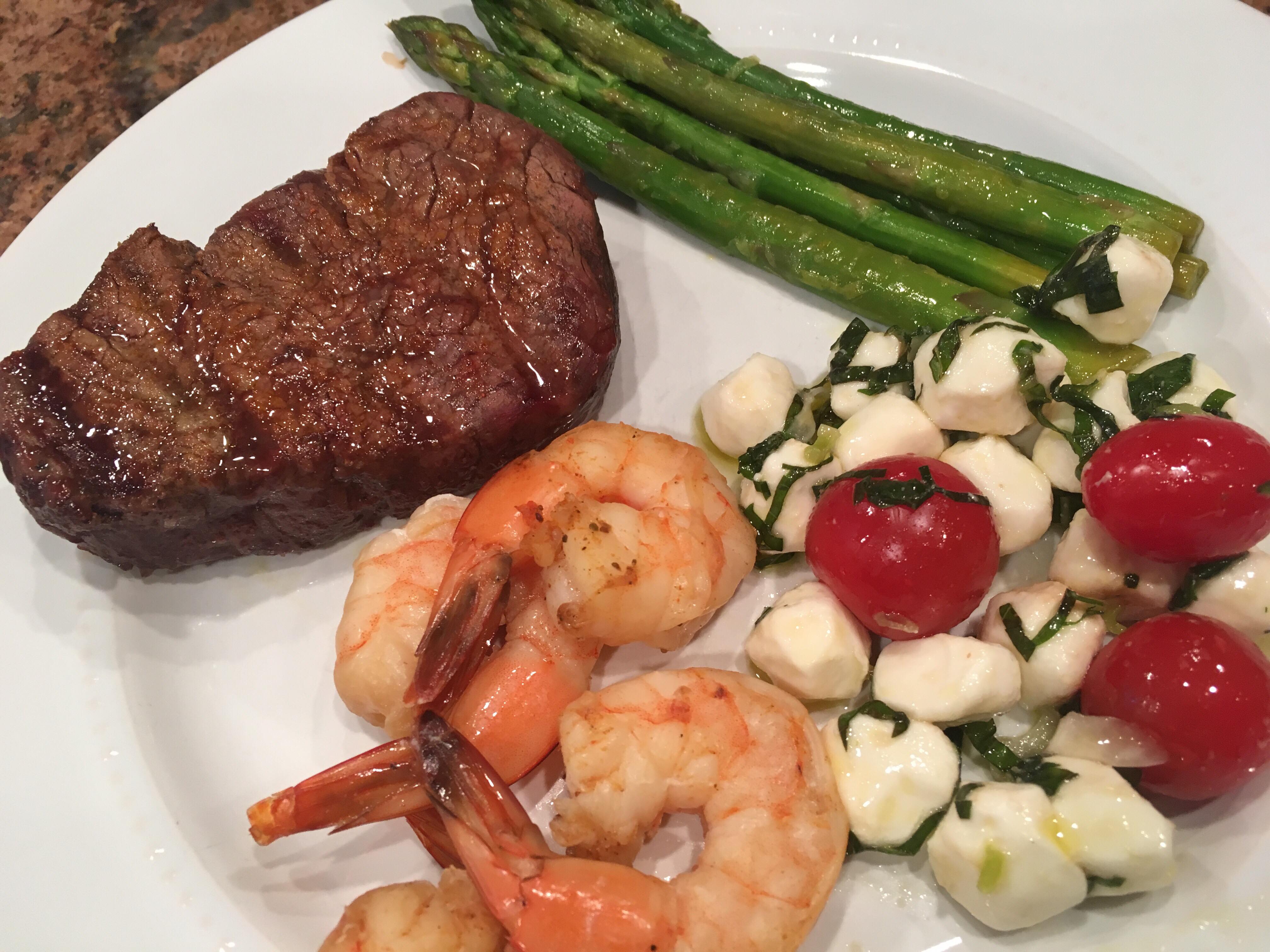 Beef tenderloin, lemon asparagus, shrimp, caprese salad. r/lowcarb