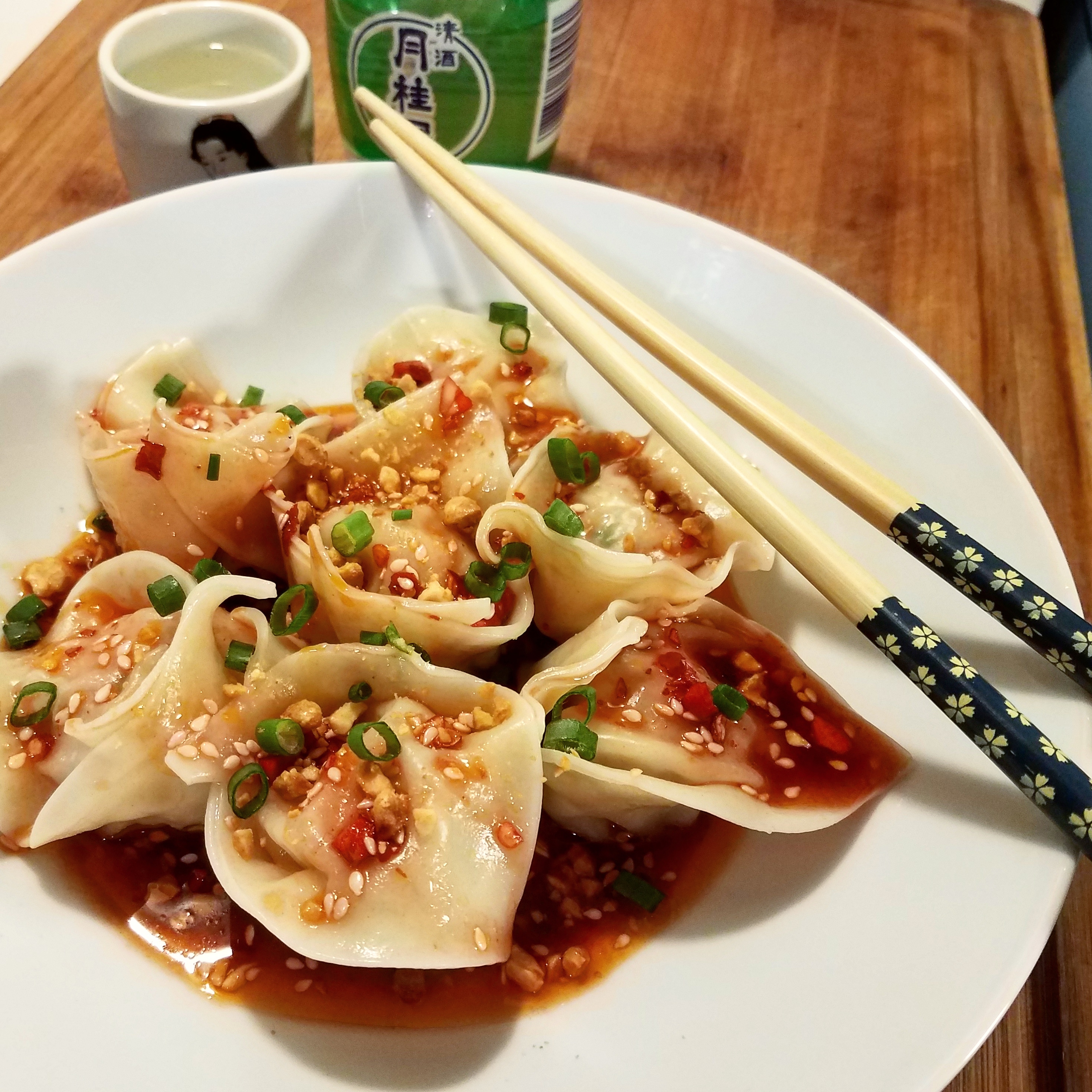 [Homemade] Wontons in a Hot and Sour Vinegar and Chili Oil Sauce r/food