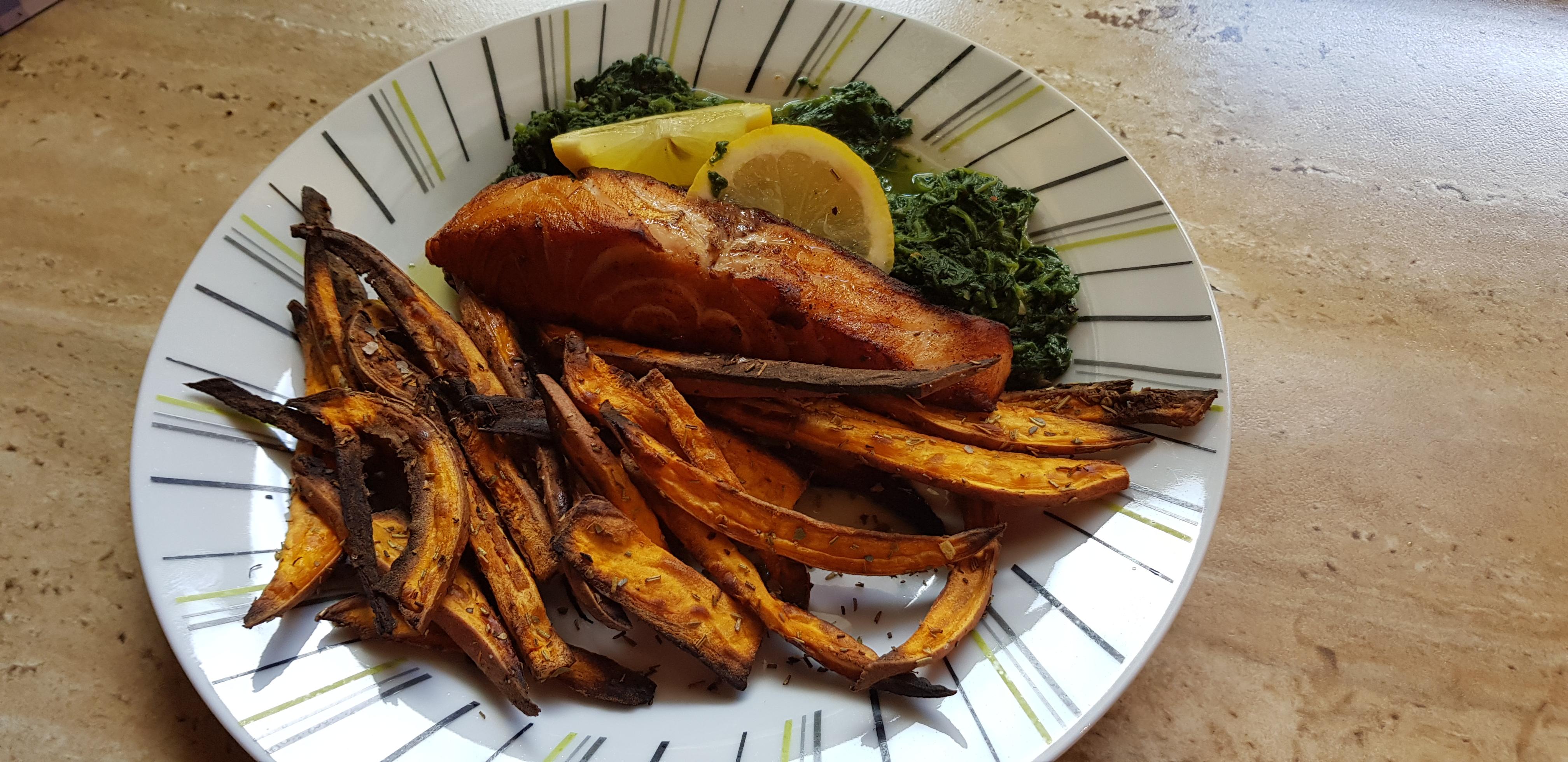 [Food Pic] Pollock with sweet potato fries and spinach r/Paleo