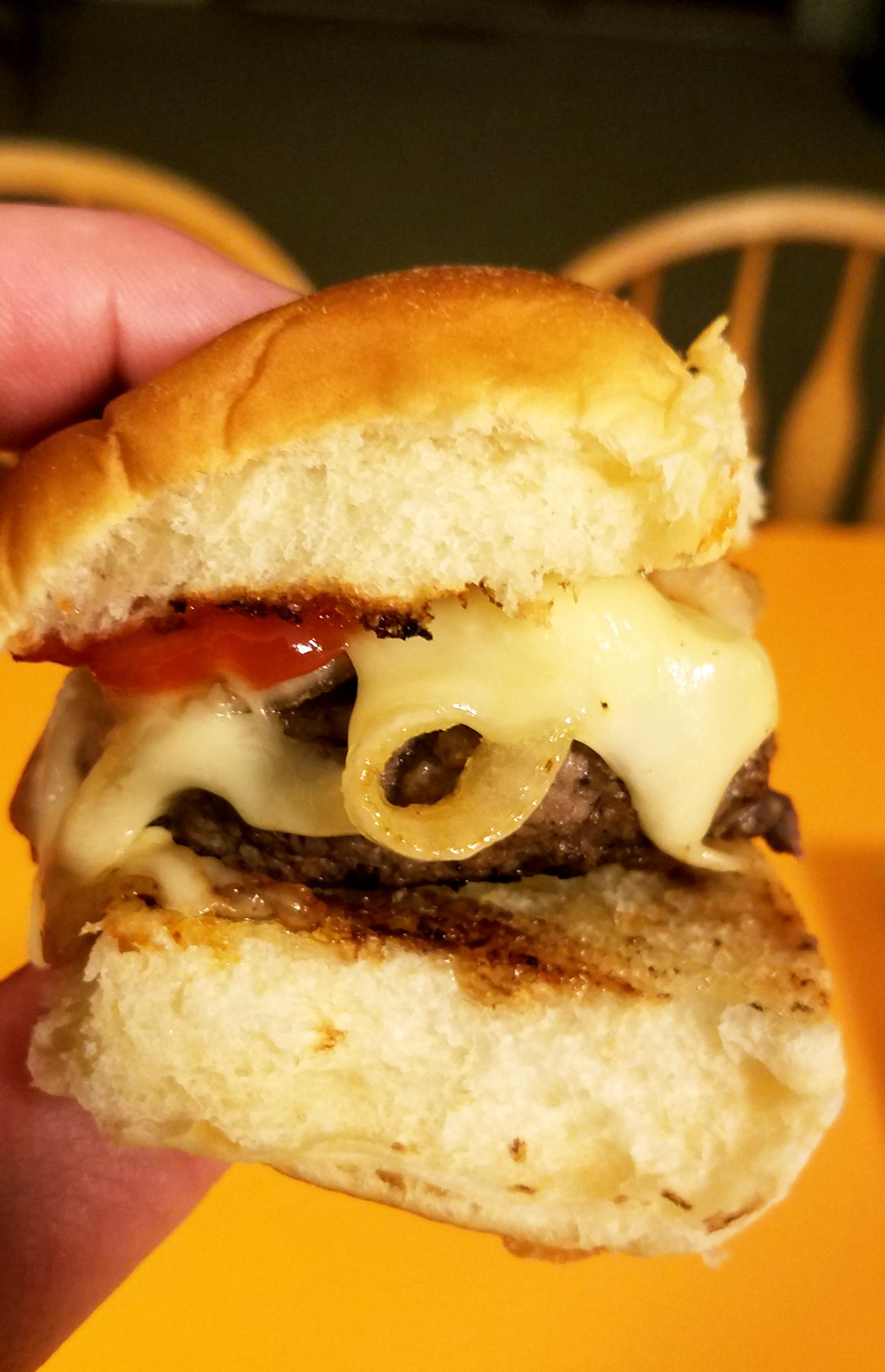 Pan fried smash burgers on Hawaiian with grilled onions and swiss r/tonightsdinner