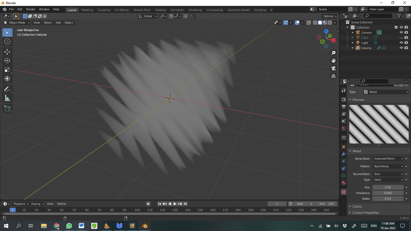 How does Blender apply the 2D Volume Displacement Texture to a 3D