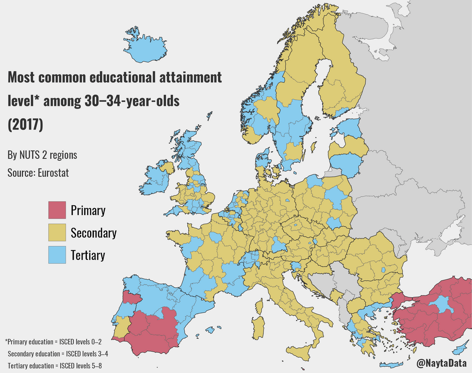 Map of most common education level among 3034 year olds in Europe r