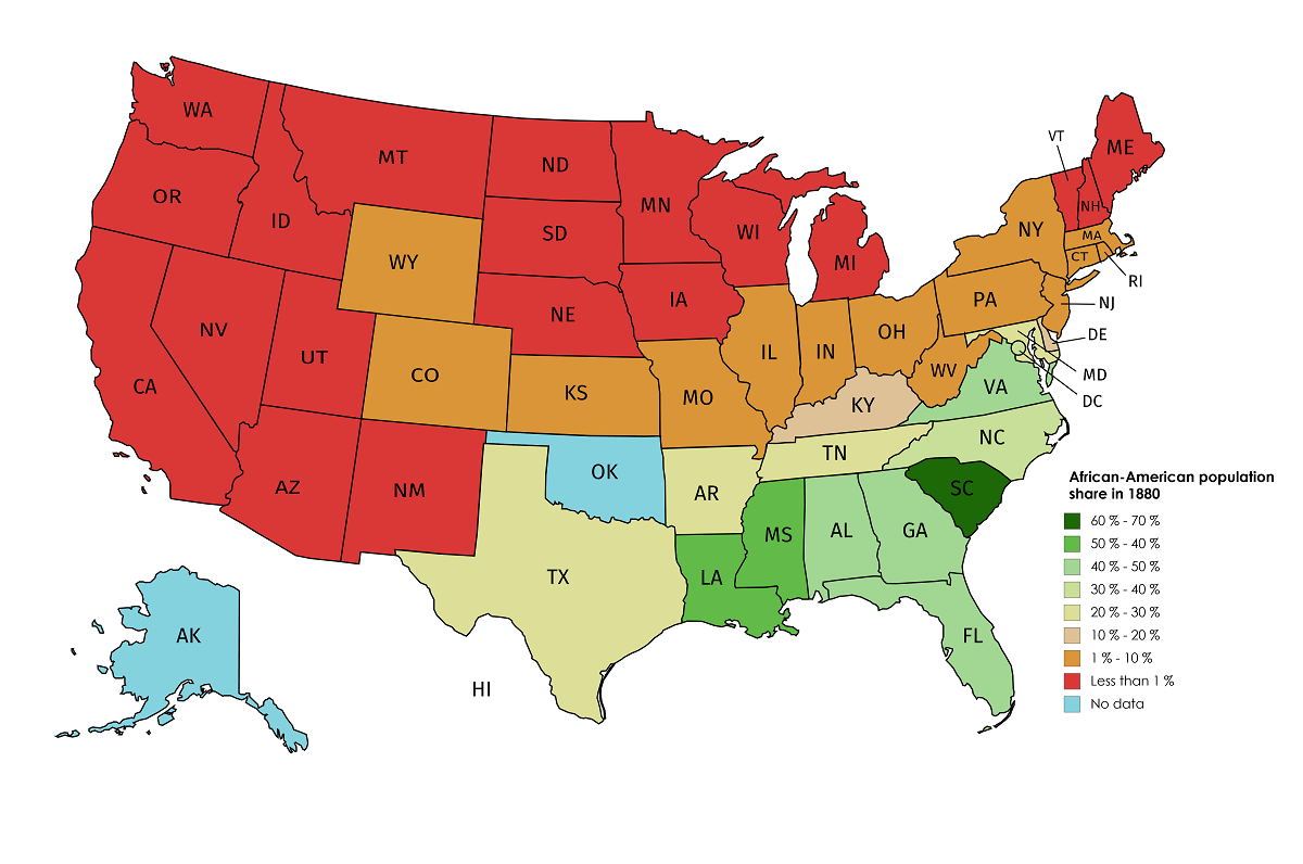 AfricanAmerican population share of US states and territories in 1880