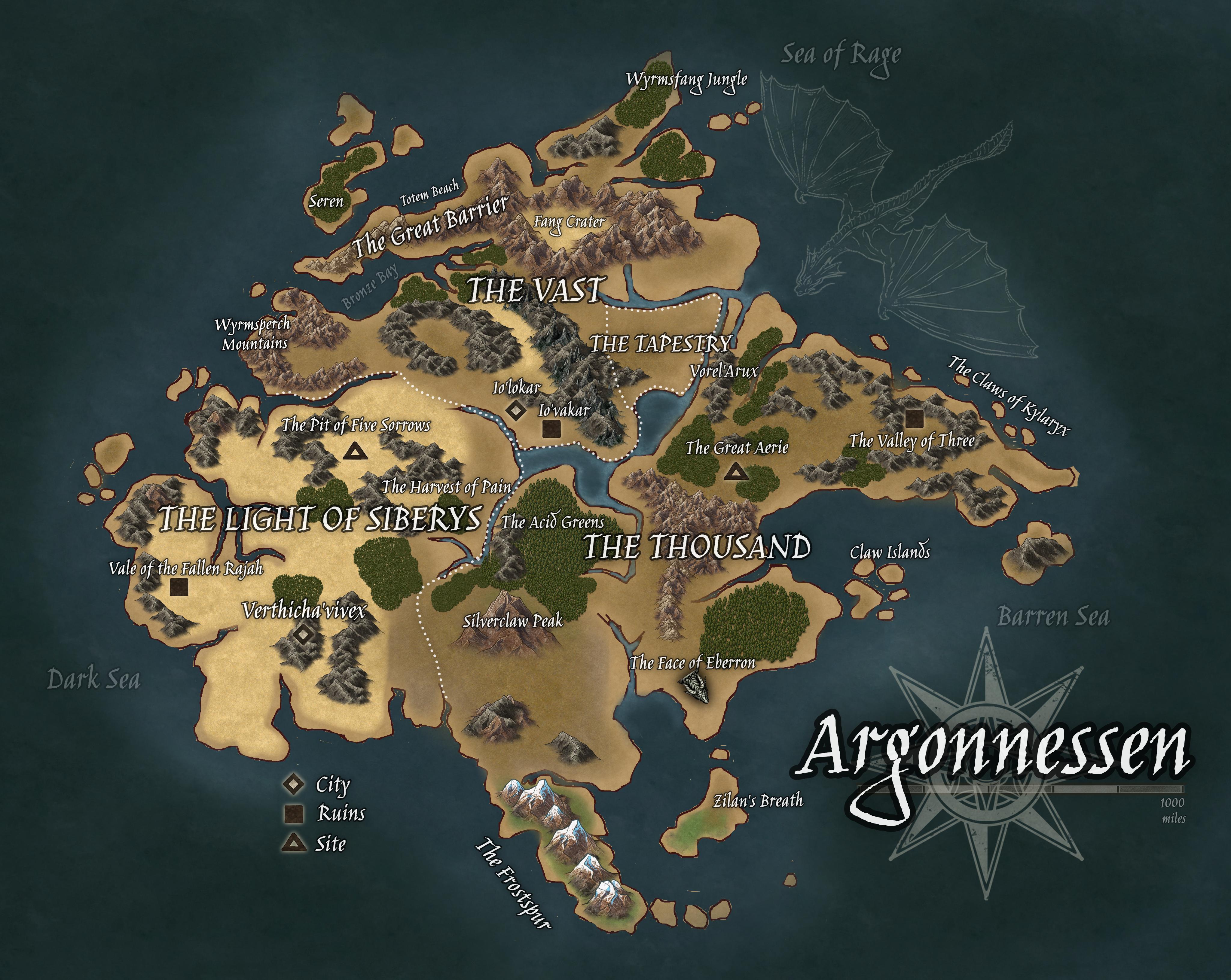A map of the continent of Argonnessen, the mysterious homeland of the