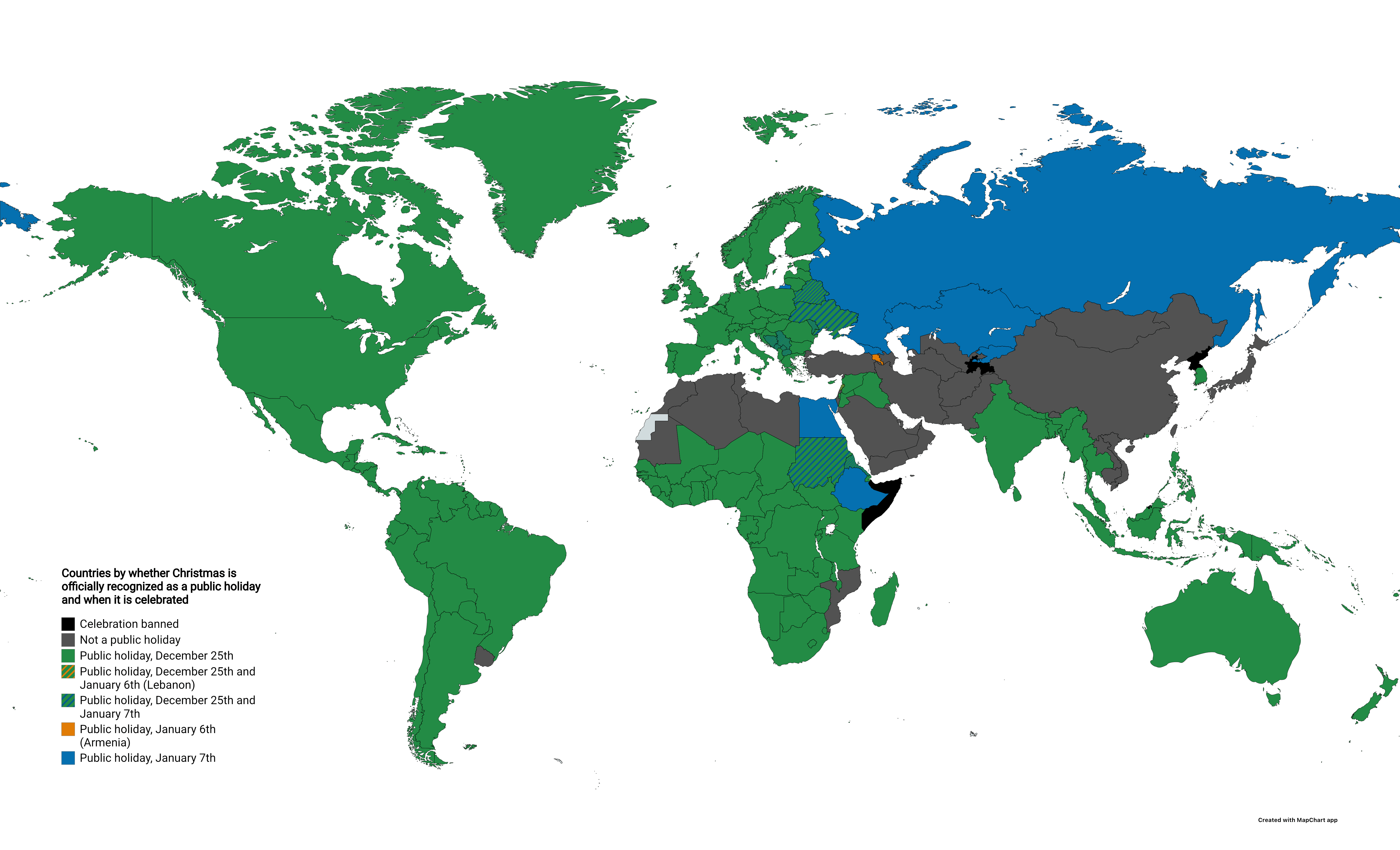 Countries by whether Christmas is a public holiday, and when it is