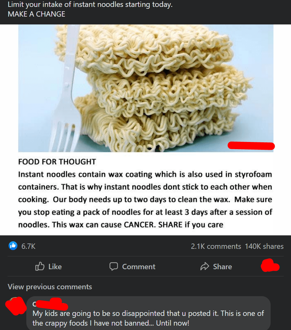 Noodles cause cancer! r/facepalm