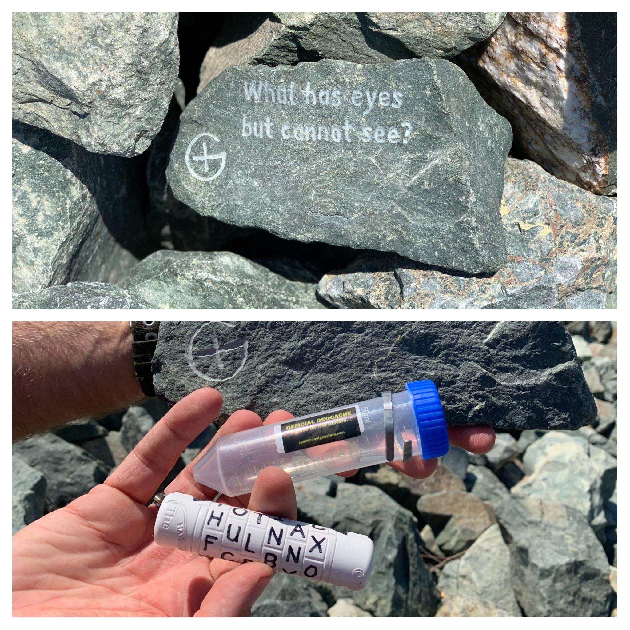 A sweet puzzle cache using a riddle on a rock and a cryptex. r/geocaching