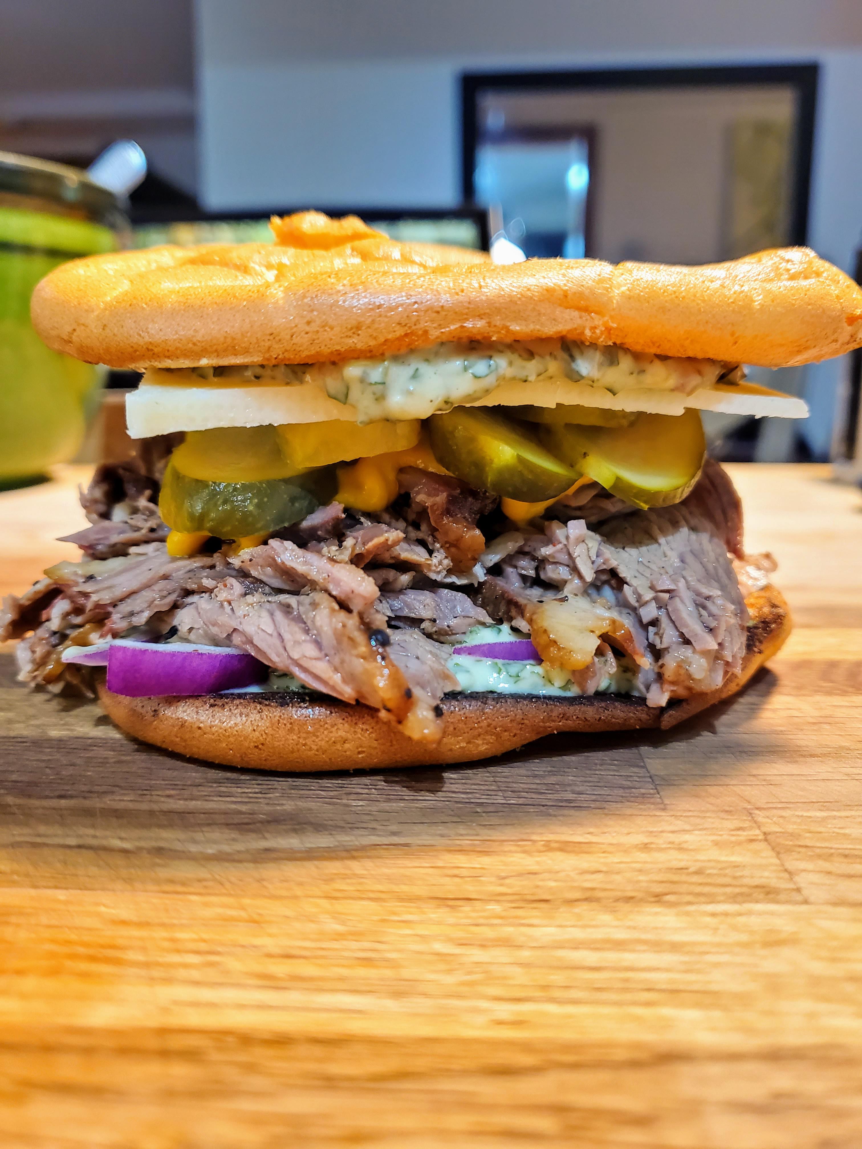 [homemade] Smoked brisket sandwich homemade smoked brisket pickles