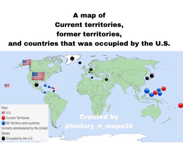 A map of current territories, former territories, and countries that