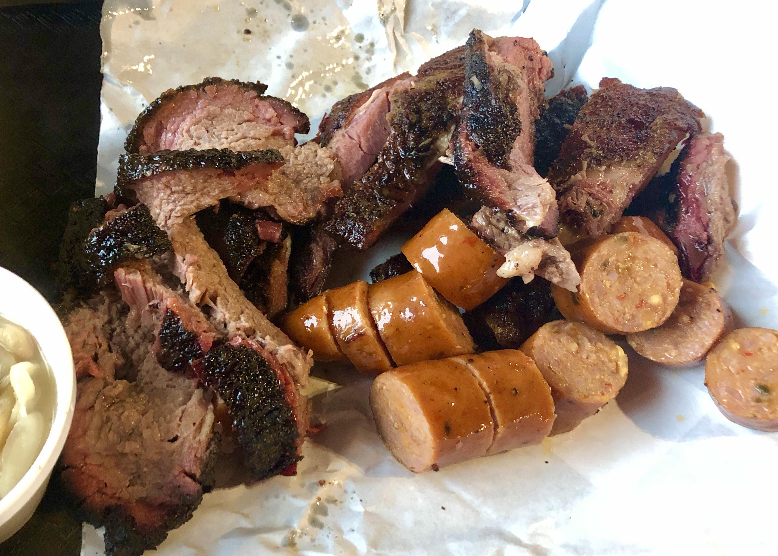 Brisket, Ribs and Jalapeno Cheese Sausage at Opie's BBQ in Spicewood