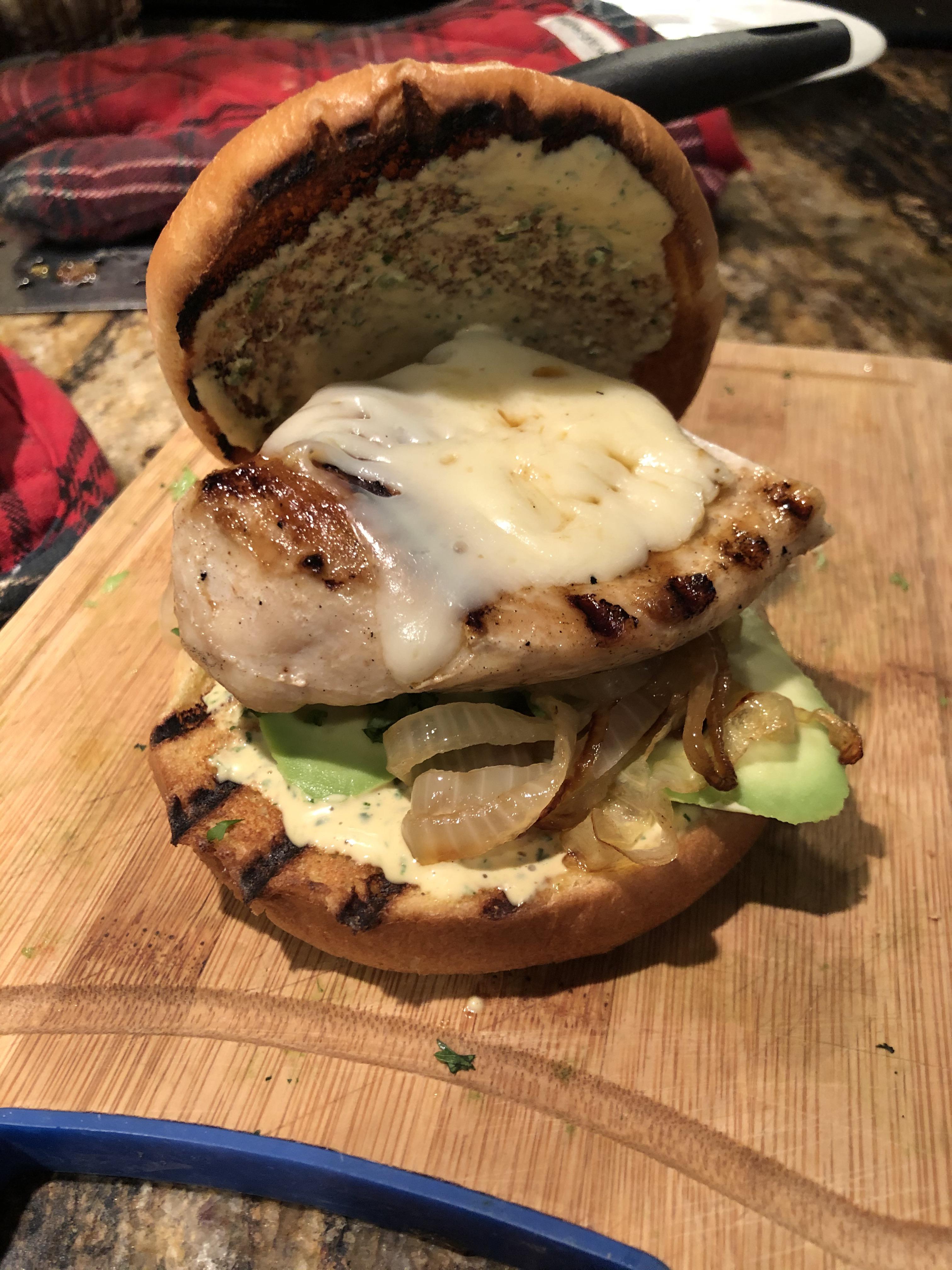 [homemade] Chicken chipotle sandwich on brioche with avocado and grilled onion r/food