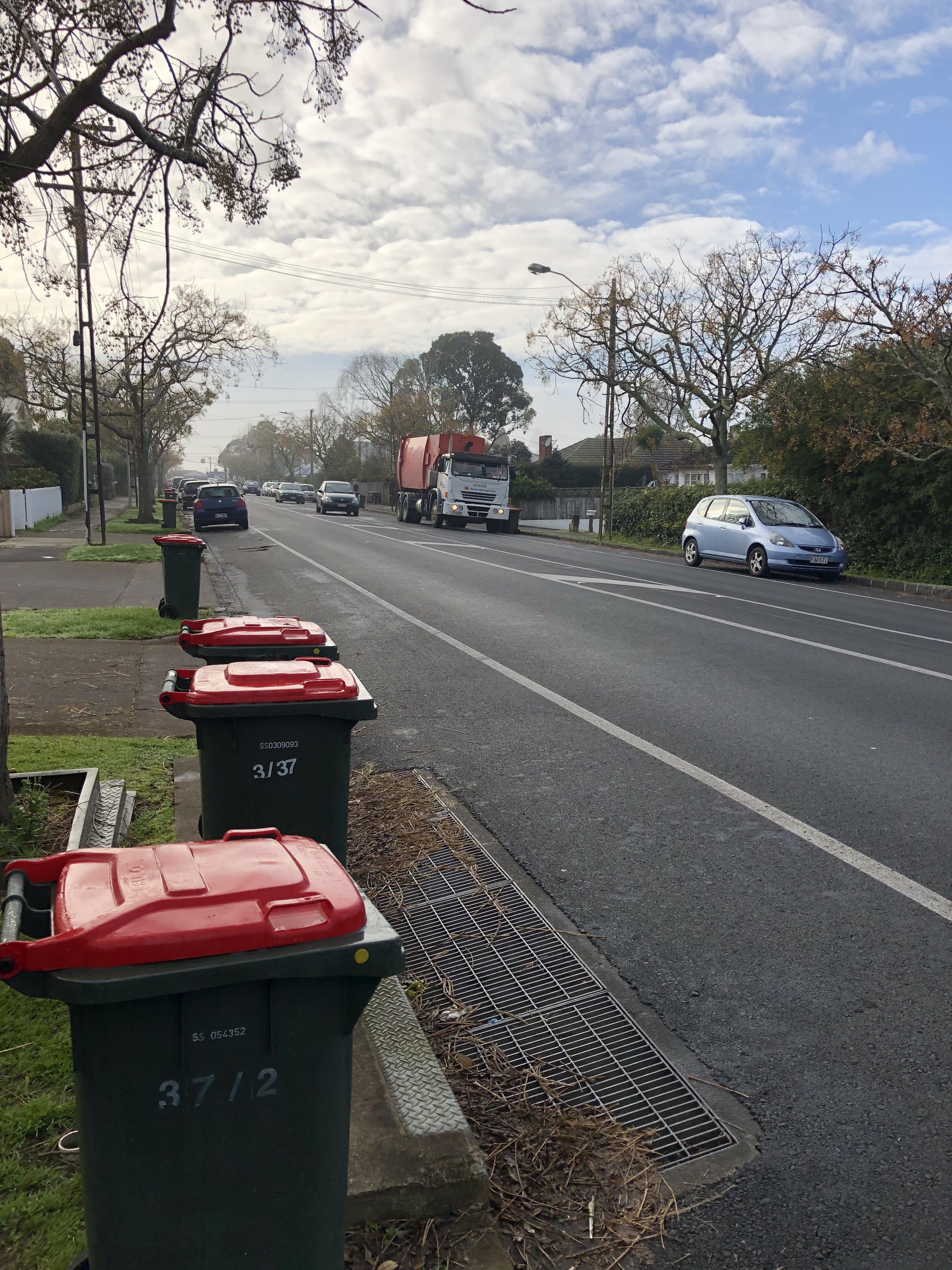 Slightly foggy rubbish collection day in Mt Albert, Auckland. r