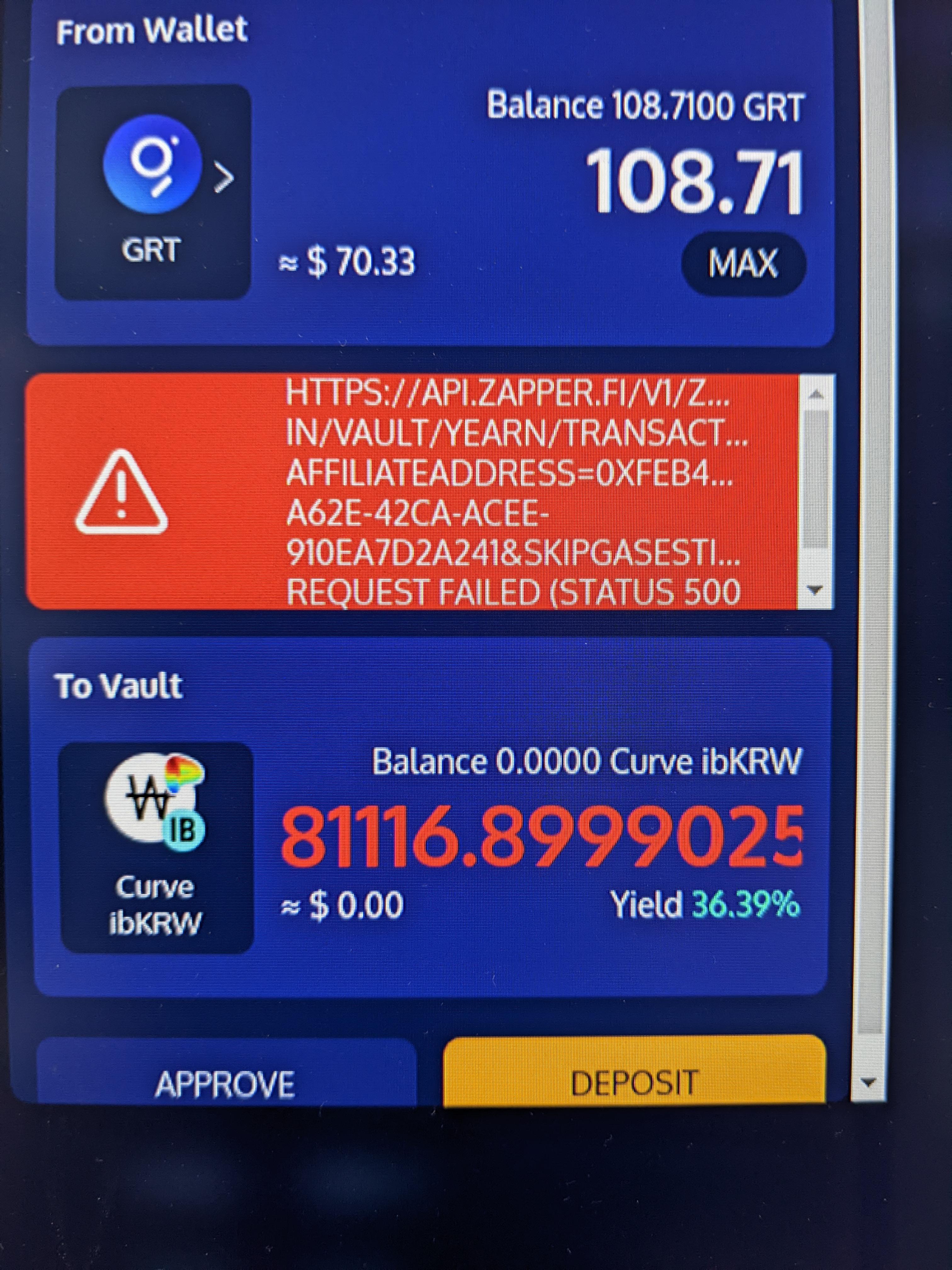 Error on deposit, what does this mean? yearn_finance