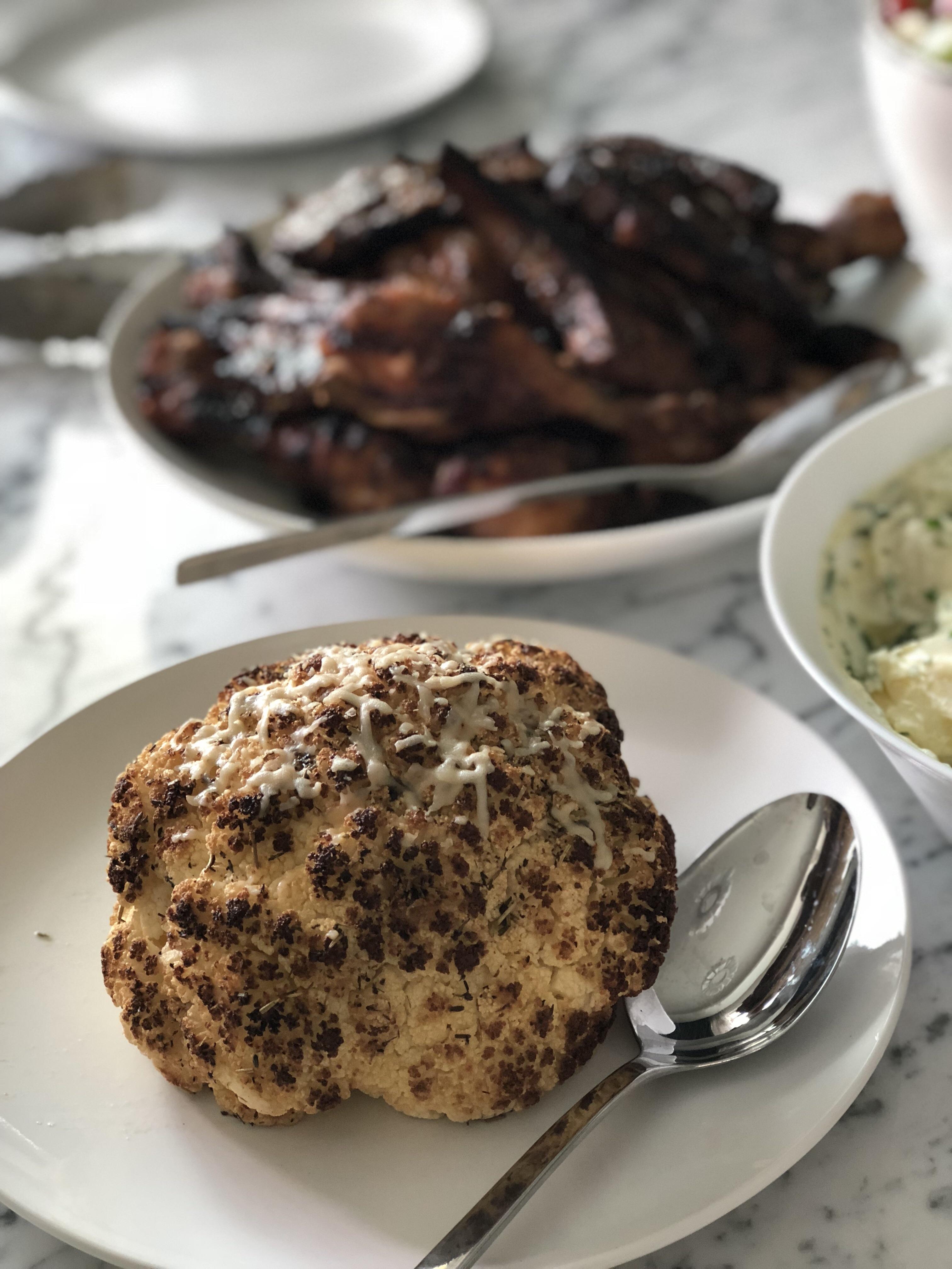 Roasted a whole head of cauliflower; olive oil, salt, pepper, thyme