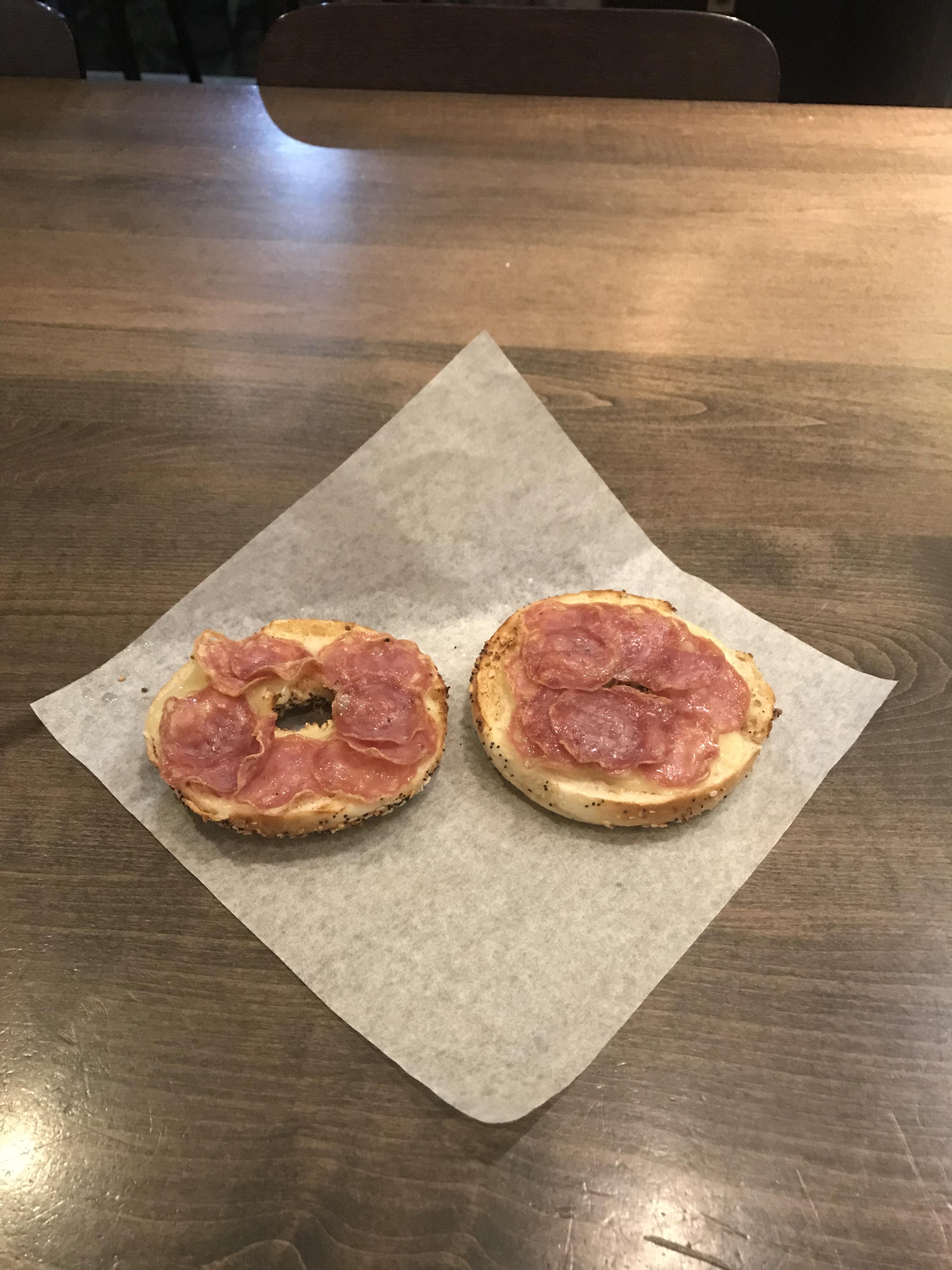Revolutionary. Salami and cheese platter toasted on an everything bagel