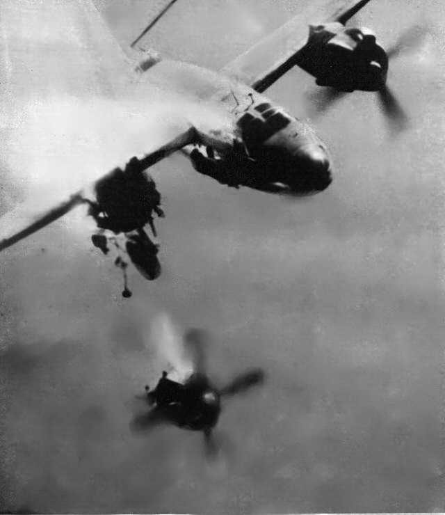 B26 Marauder bomber, hit by groundbased antiaircraft fire, crashing