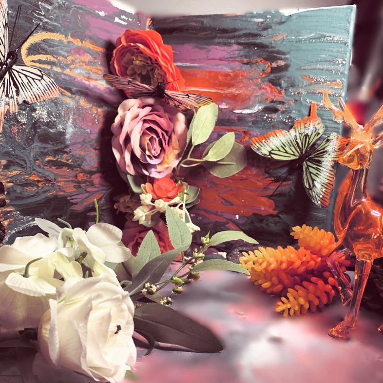 Acrylic paint, fake flowers. Selling on Facebook marketplacesoon r