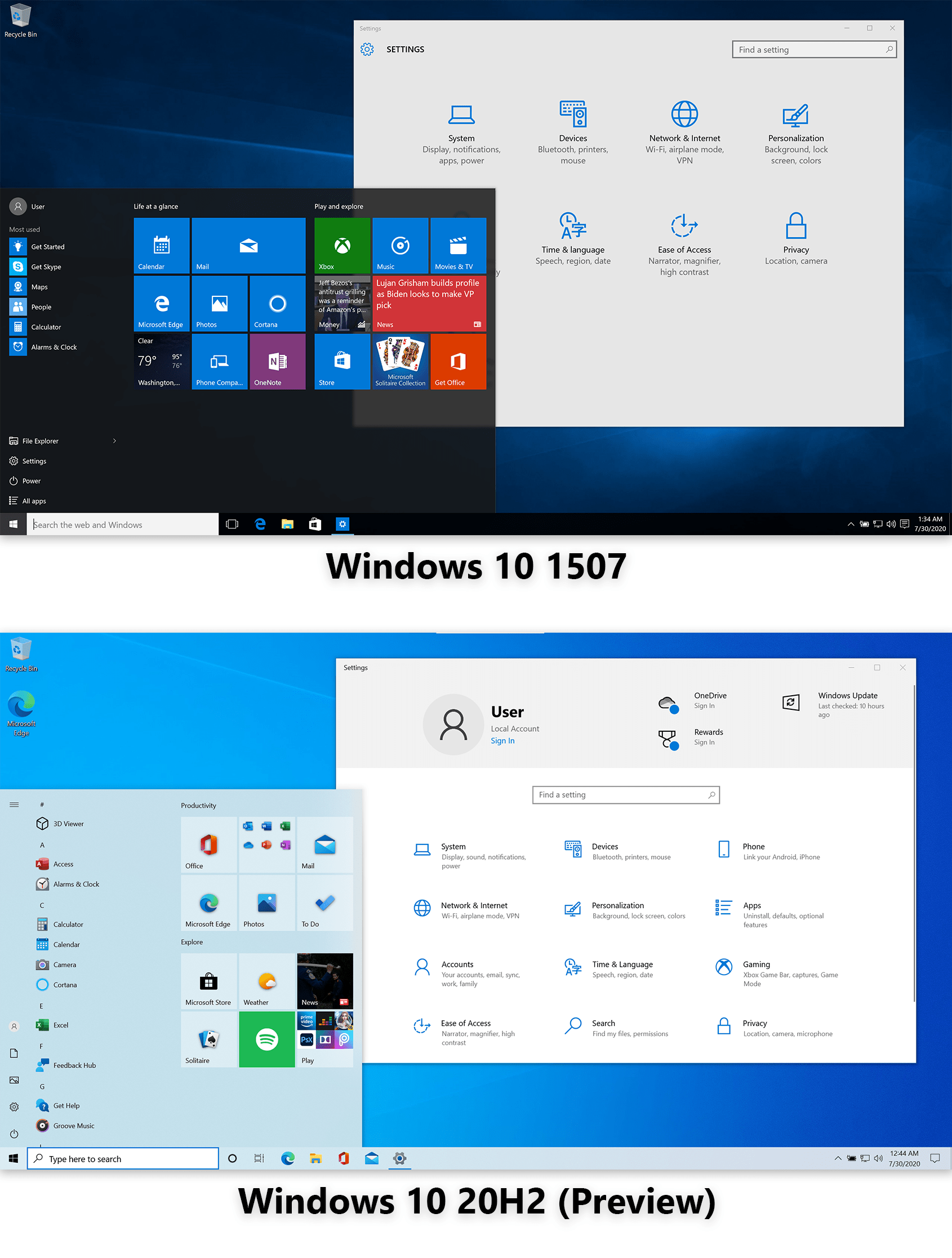 The first public release of Windows 10 vs. the latest Insider Build
