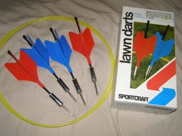 Lawn Darts. Who else used to just throw them straight up and