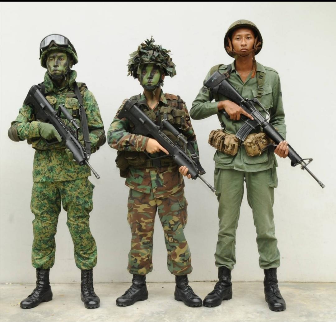 Evolution of the Singaporean army uniform, from the "Temasek Green" in