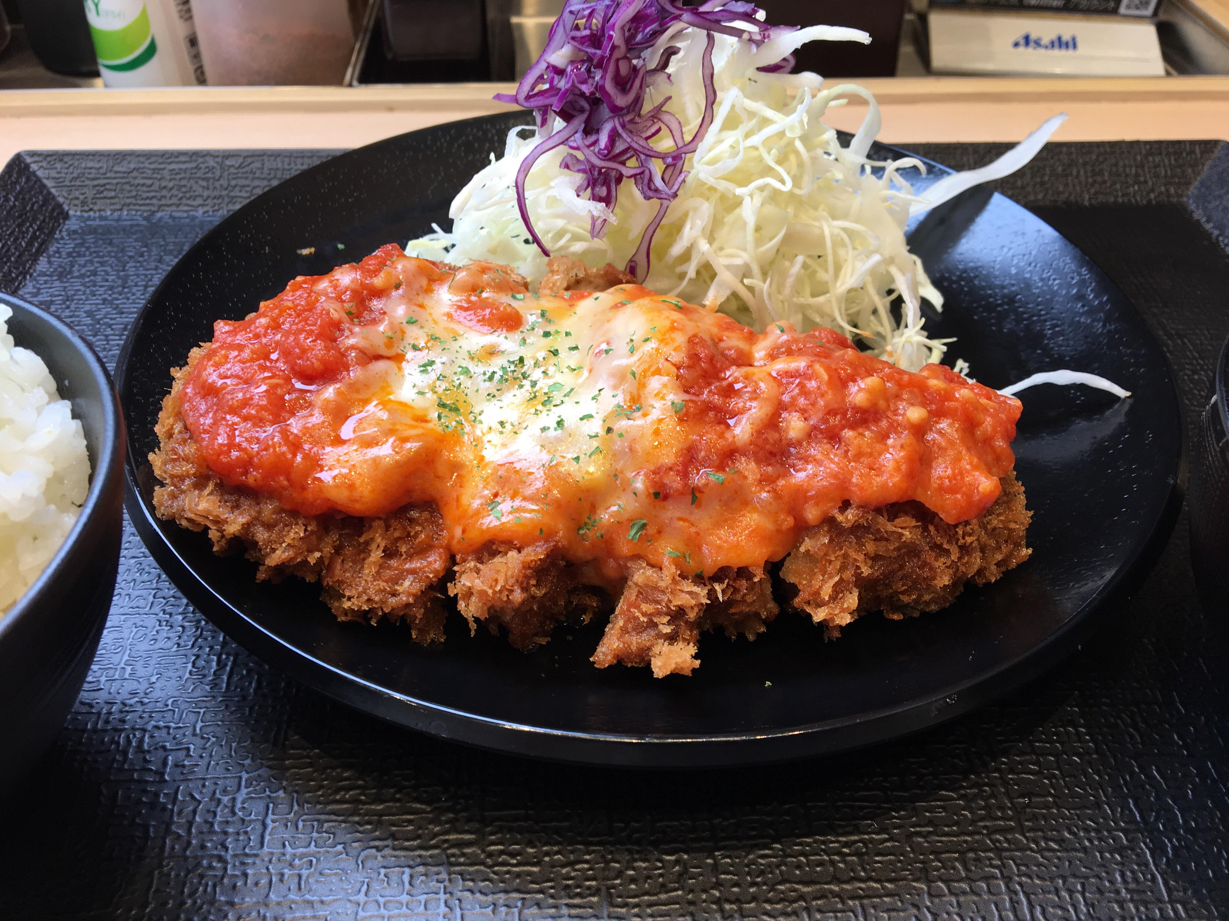 Thick sliced tonkatsu with tomato cheese sauce from Matsunoya r