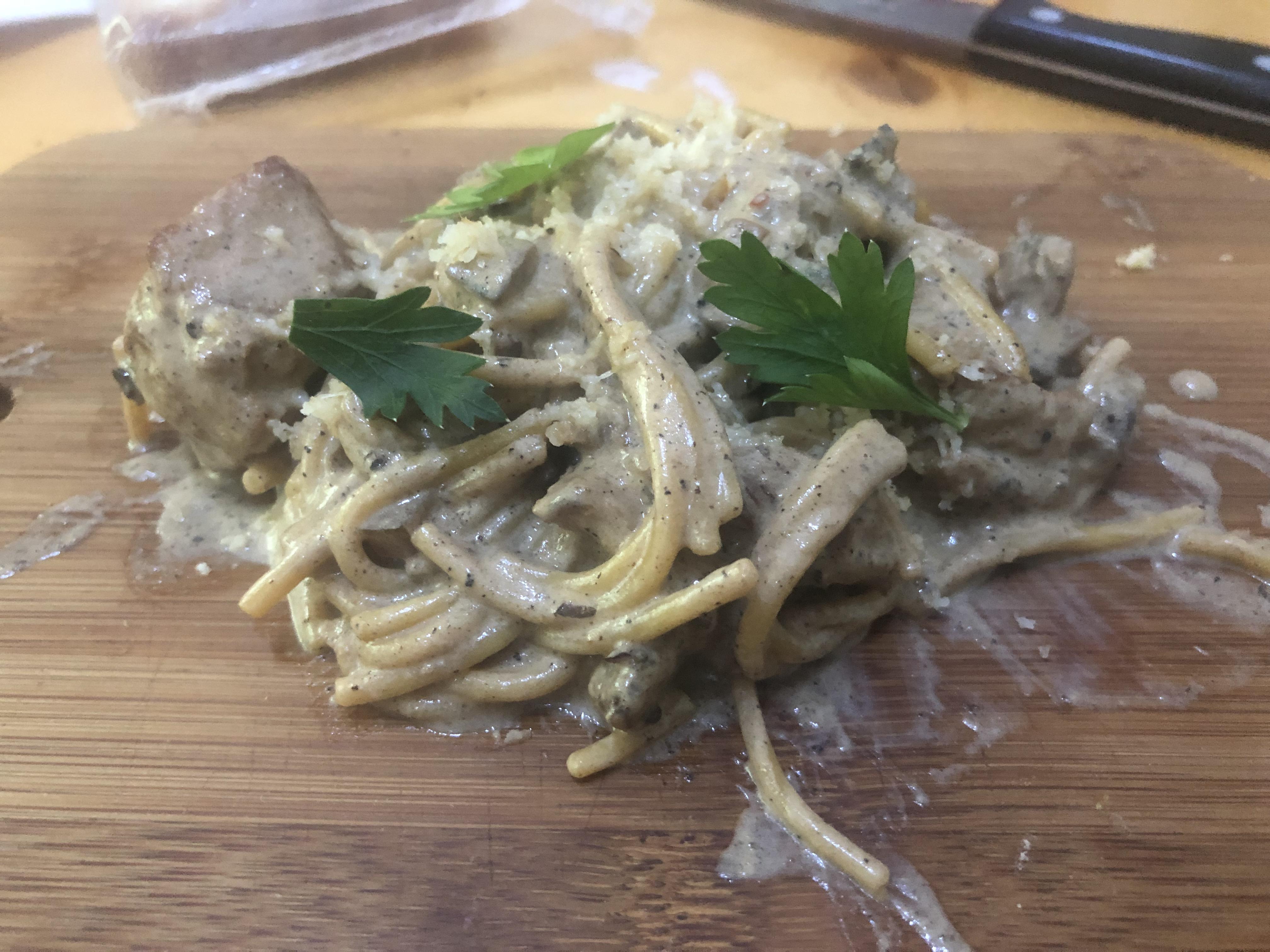Pasta w pork and cream sauce. The pork was marinated for a whole week