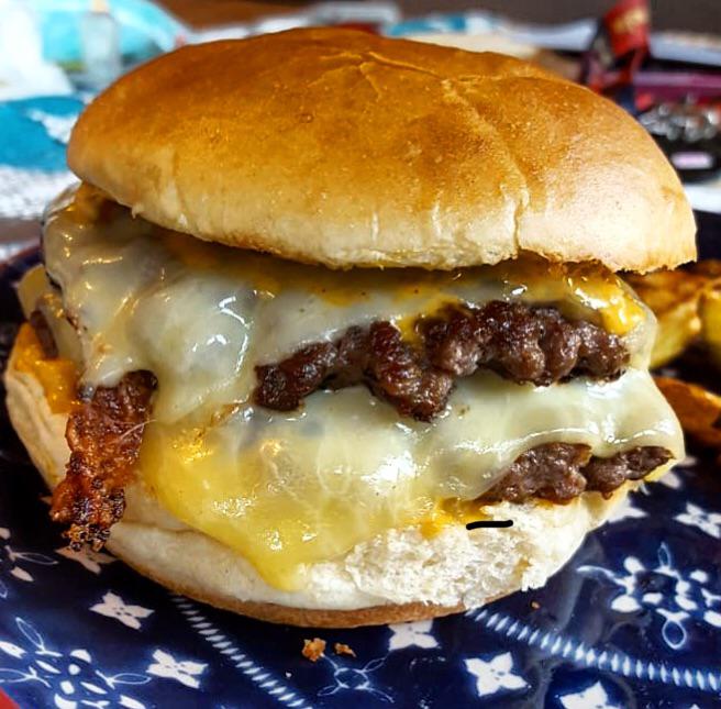 Homemade Double cheese burger, smash style. With Monterey Jack cheese