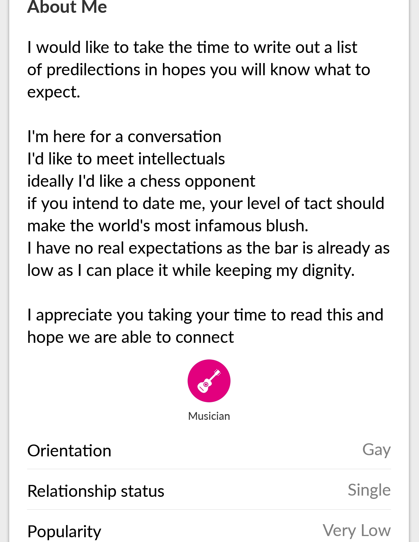 "The fact I'm on this particular dating app to begin with already means I'm setting the bar low