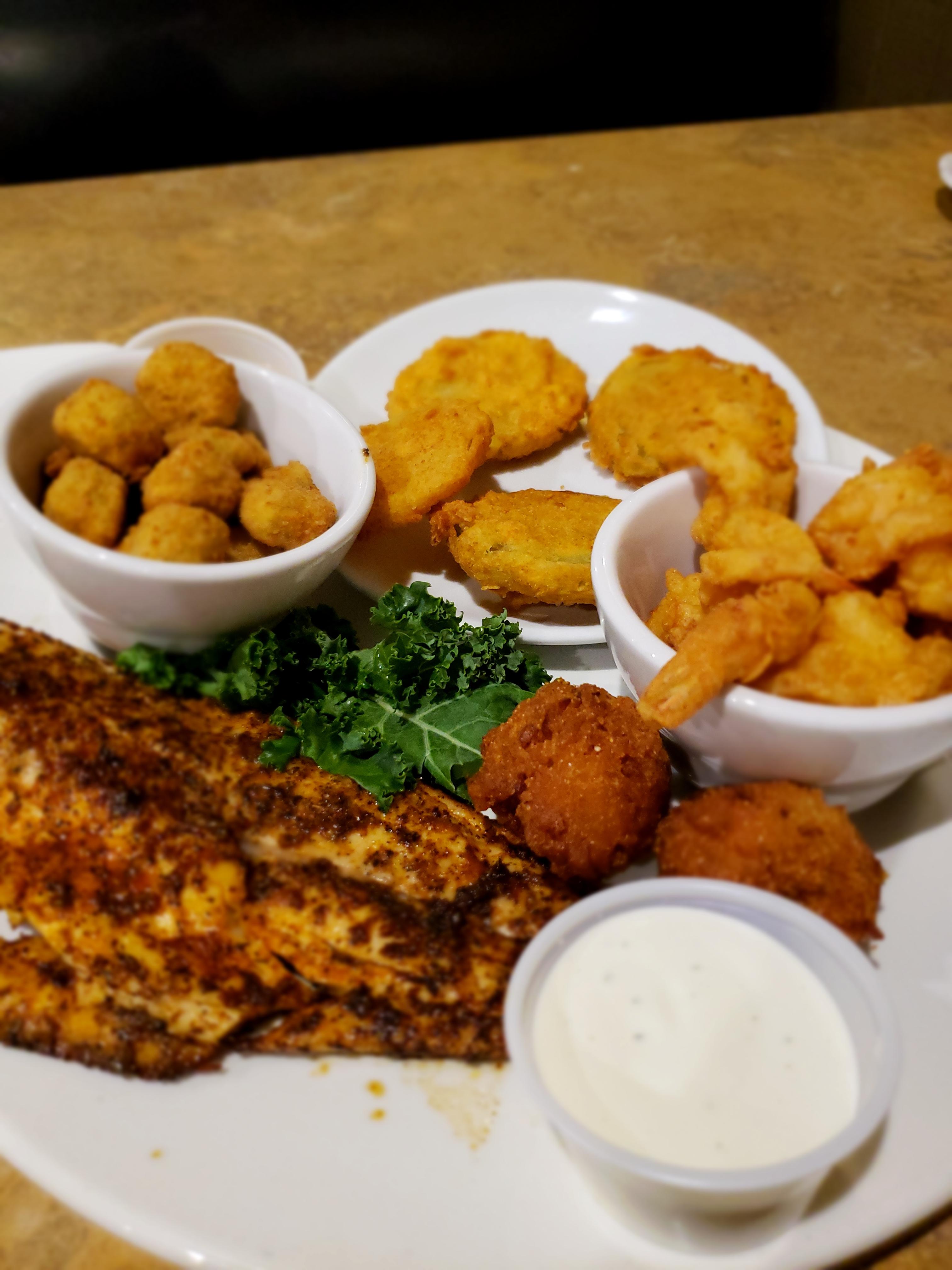 [I ate] Blackened red fish with deep fried shrimp, fried okra, fried