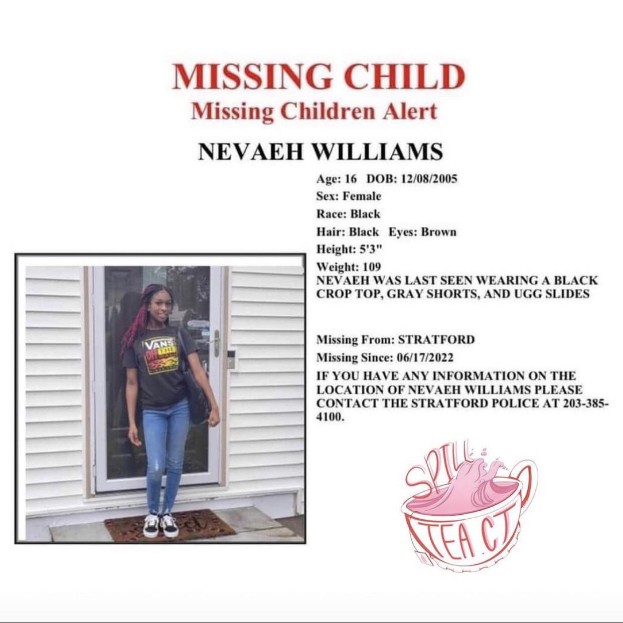 Nevaeh Williams missing from Stratford CT since June 17 2022, was last