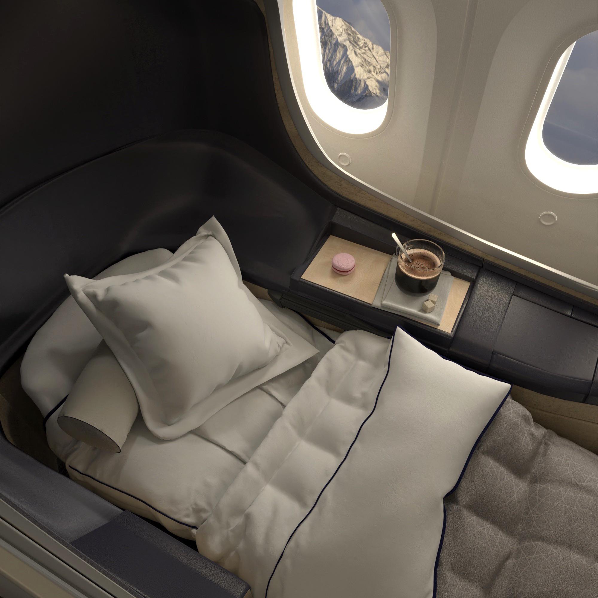 Lie flat cabin concept for hotel level comfort in the sky. [2000x2353