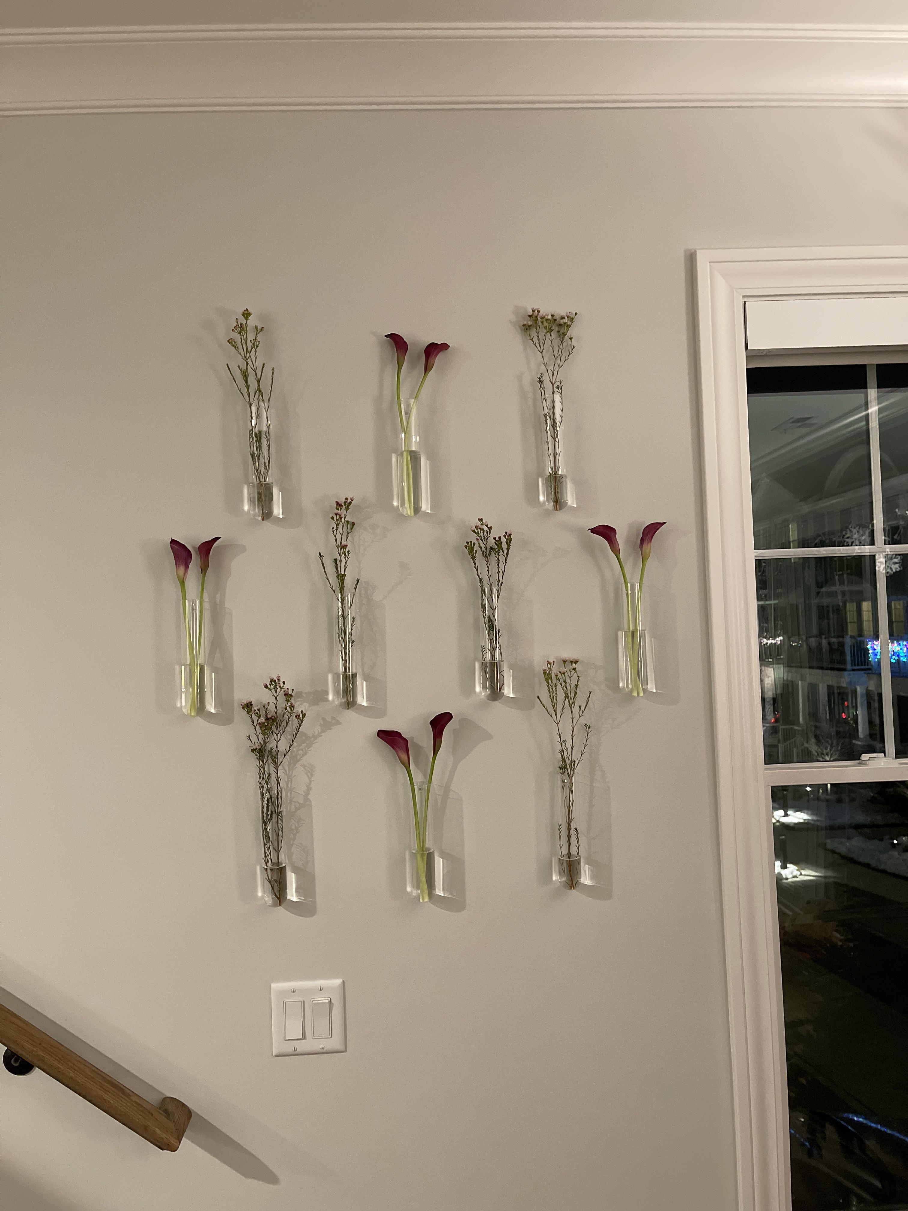 New way to display TJ’s flowers! Wax flowers and mini calla lilies in floating test tube vases
