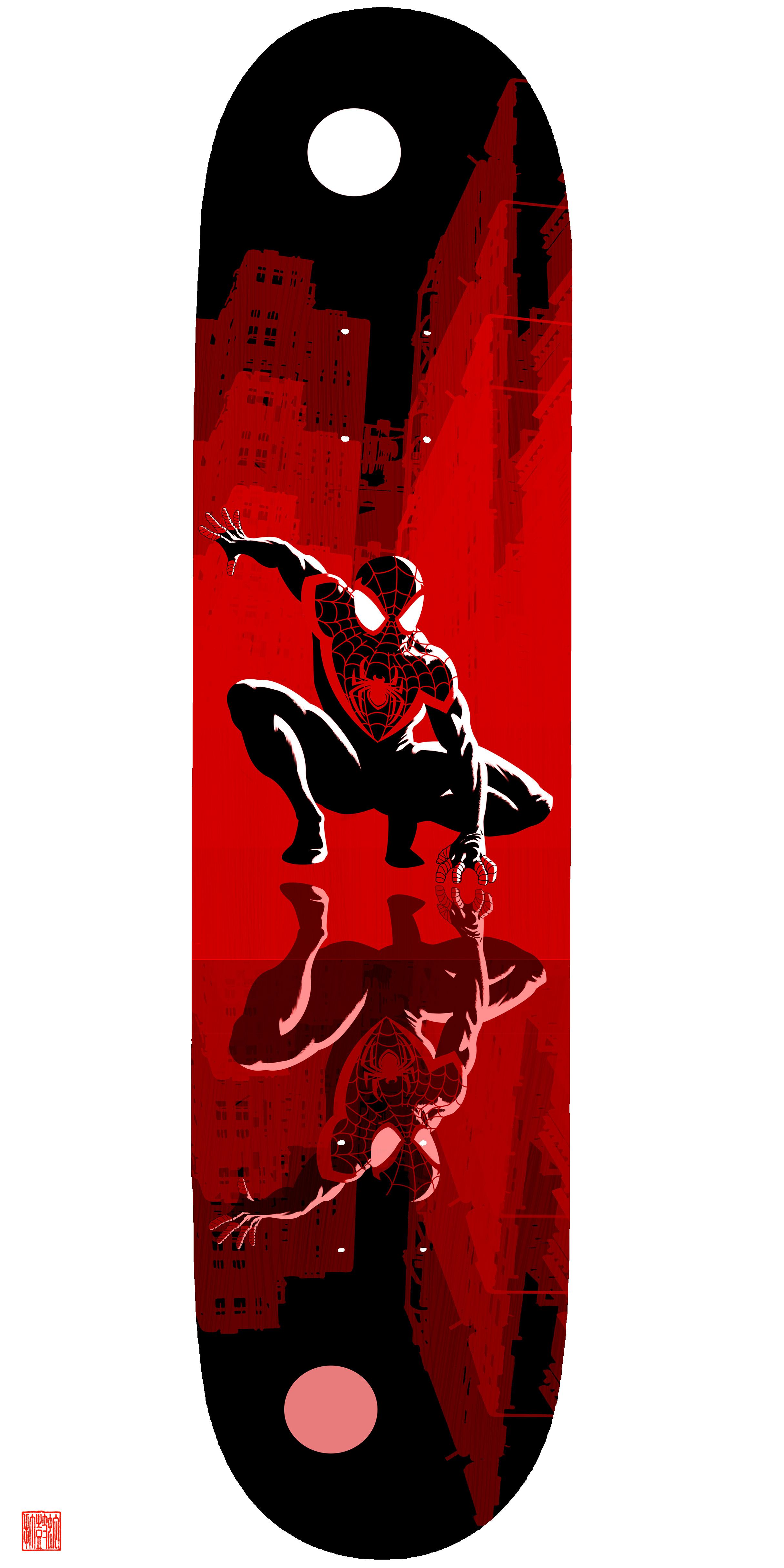 I'm designing a Miles Morales graphic for a skateboard deck. Please tell me what you think. r