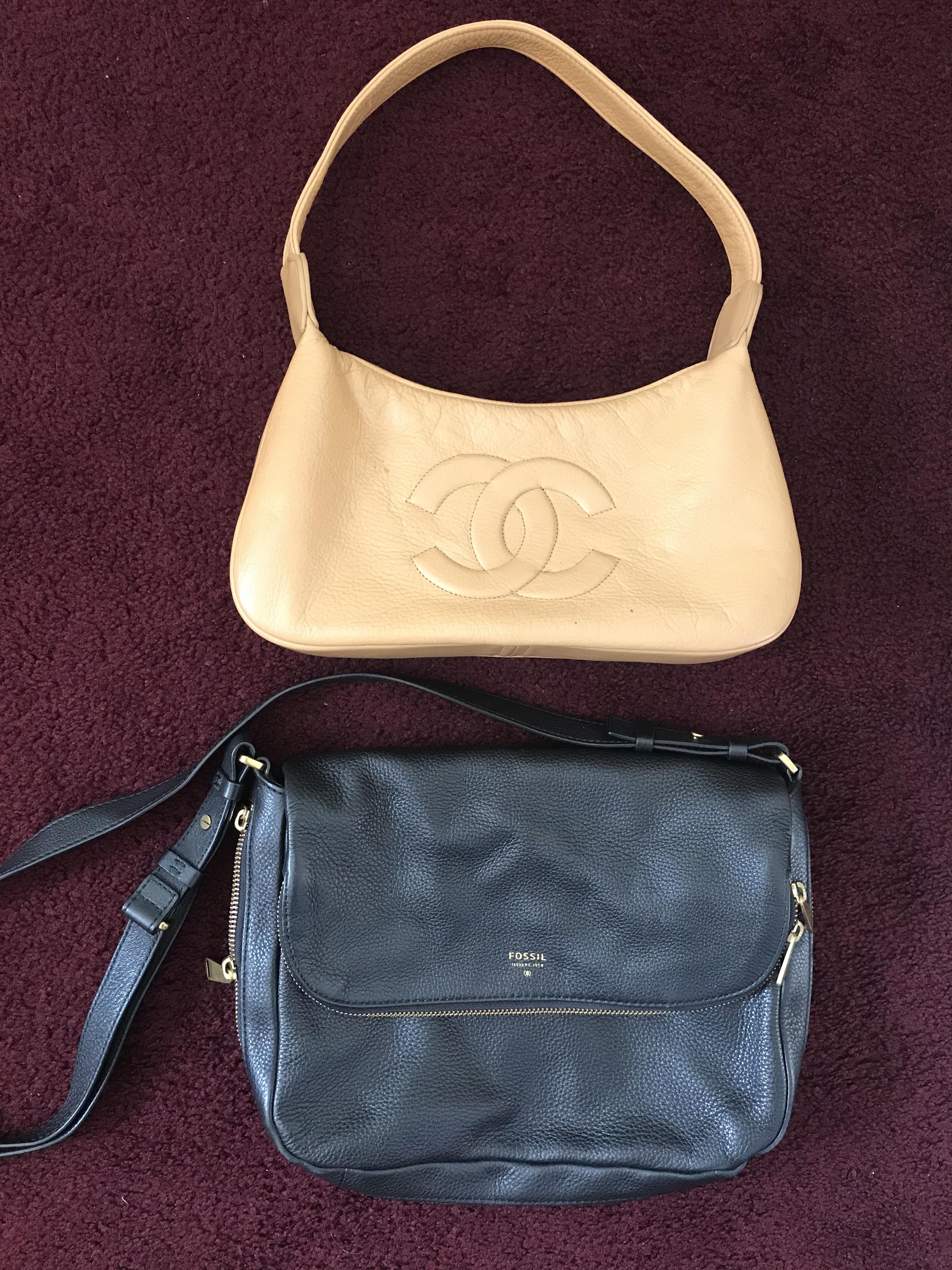 An almost certainly fake Chanel bag and a Fossil bag in amazing