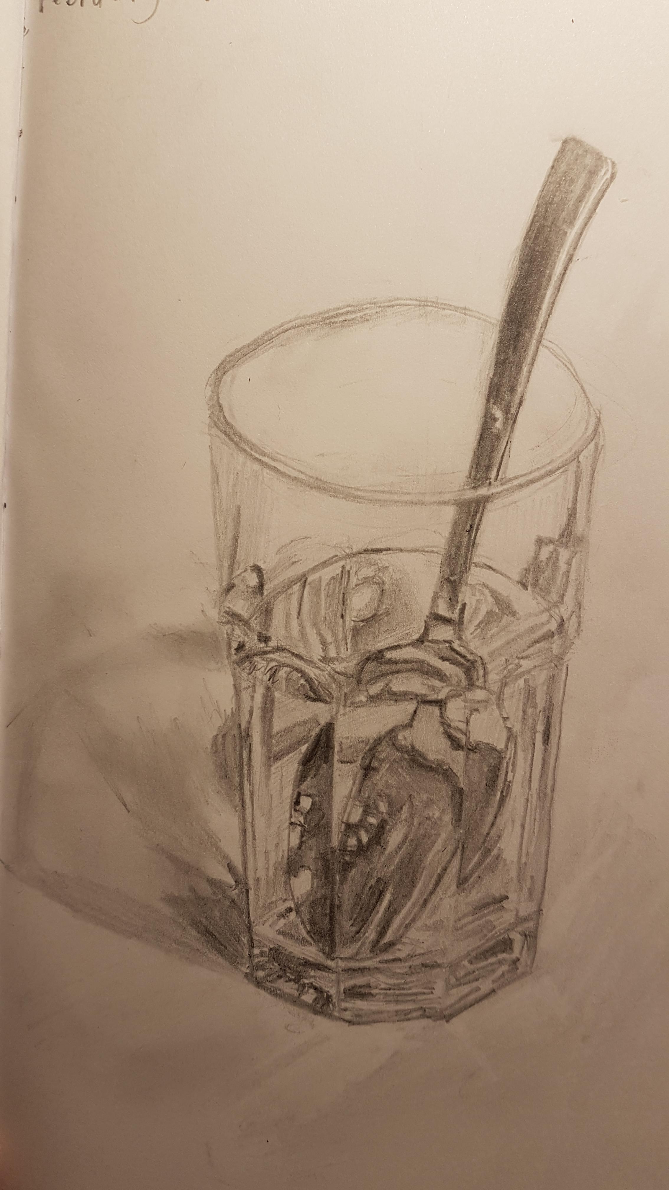 A drawing I did of a spoon in a cup with water. I wanted to challenge