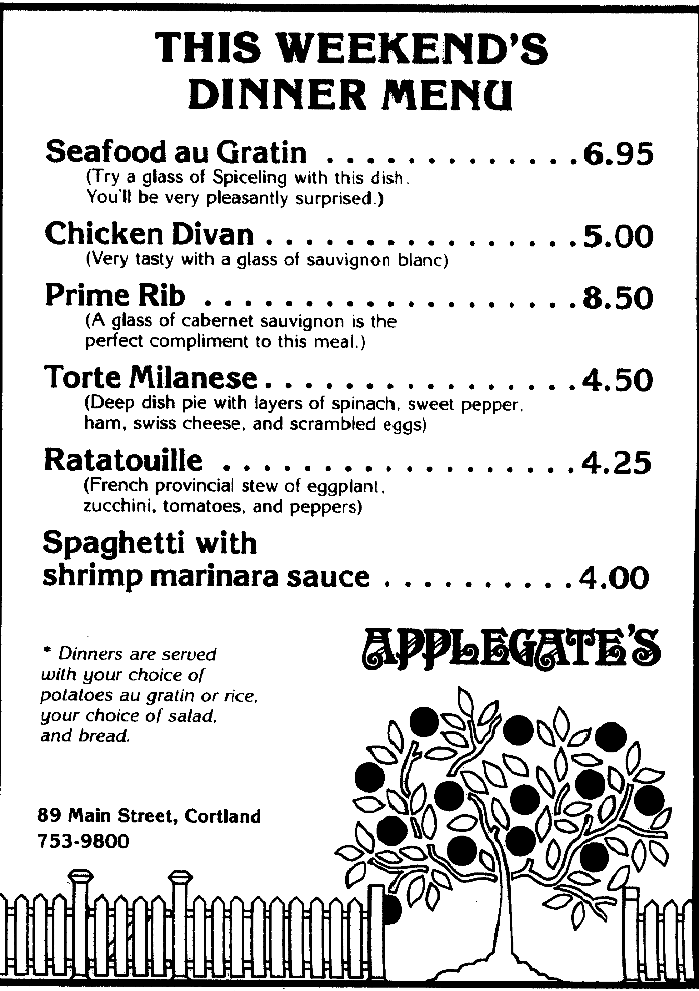 This Week's Dinner Menu at Applegate's in Cortland, NY (September 20