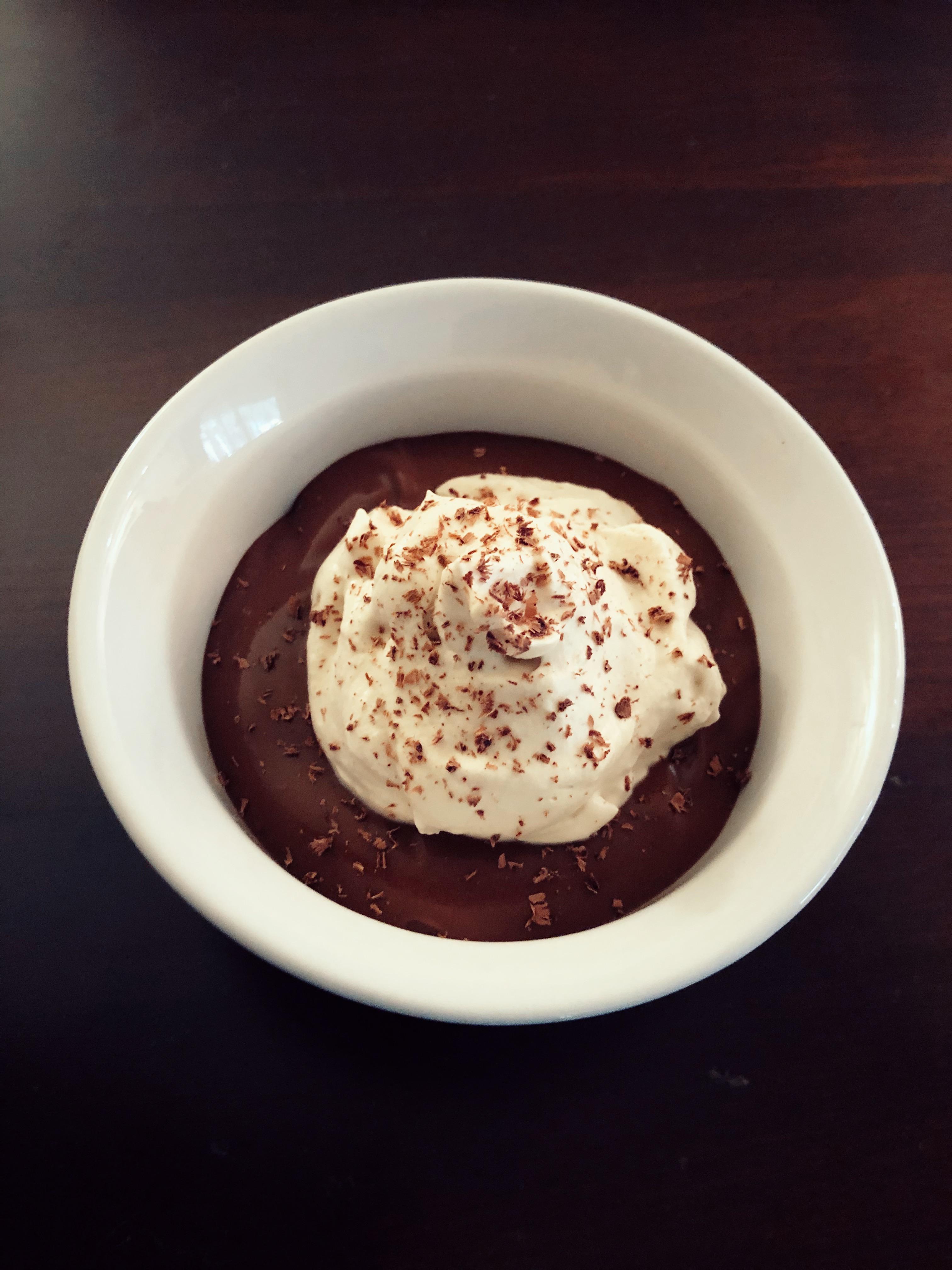 Dark chocolate and espresso pudding with espresso whipped cream (recipe
