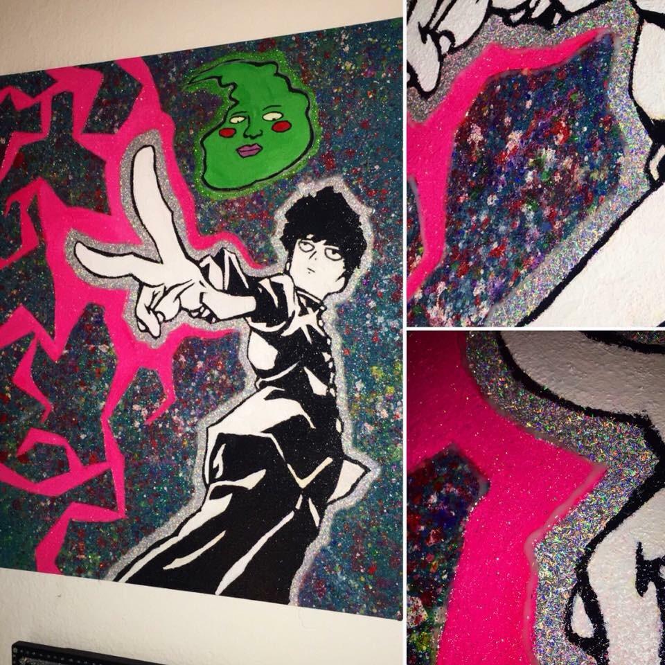 Mob Psycho painting I did (18x24), super glittery and glows in the dark r/anime