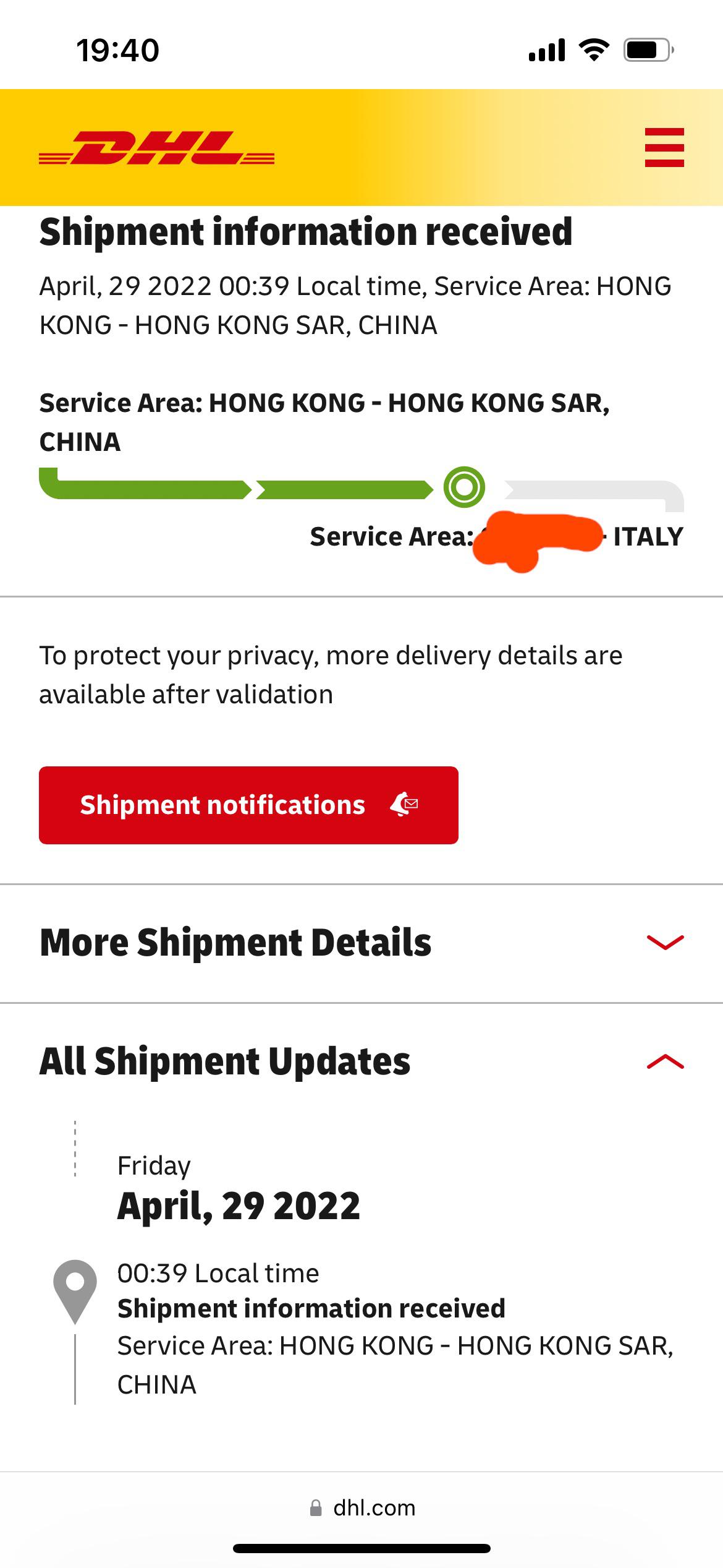 DHL from Hong Kong shipping information received so from 10 days